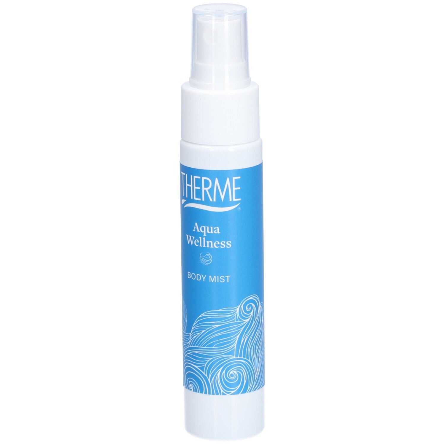 THERME Aqua Wellness Körperspray. Weiße Flasche mit blauem Etikett. Wellenmuster. Sprühkopf.