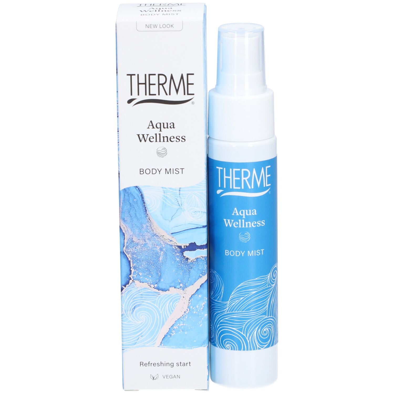THERME Aqua Wellness Körperspray und Verpackung. Weiße Flasche und Schachtel. Blaues Design. Vegan.
