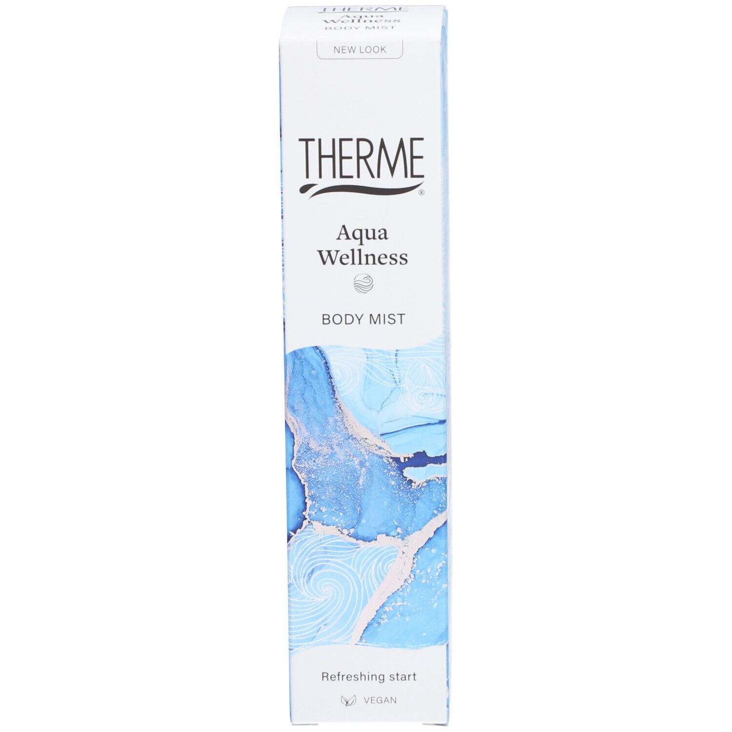 THERME Aqua Wellness Körperspray Verpackung. Weiße Schachtel mit blauem Design. Vegan.