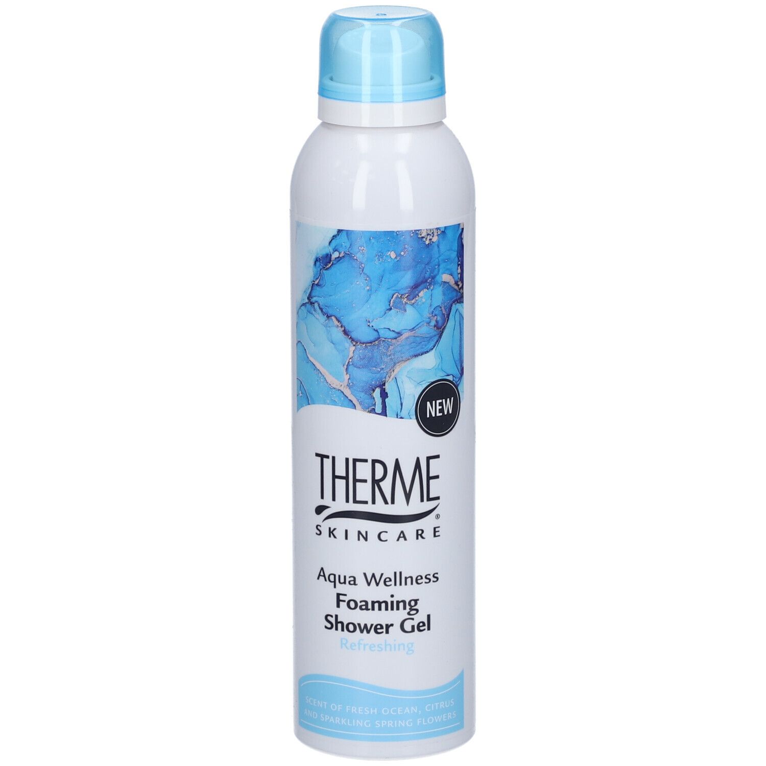 Weißes THERME Duschgel mit blauem Deckel. Aufschrift: Aqua Wellness Foaming Shower Gel. "NEW"-Label.