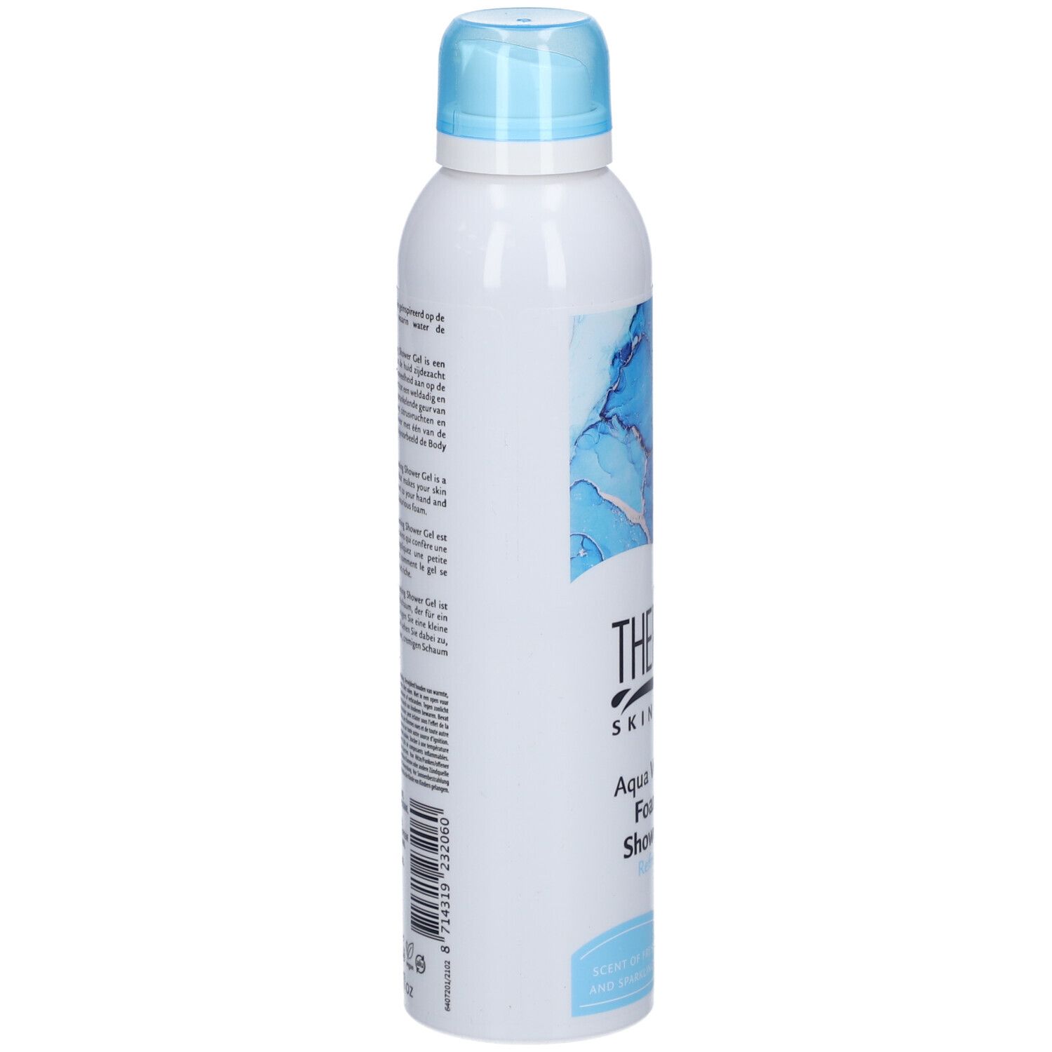 Weißes THERME Duschgel mit blauem Deckel. Rückseite mit Text und Barcode. Flasche steht.