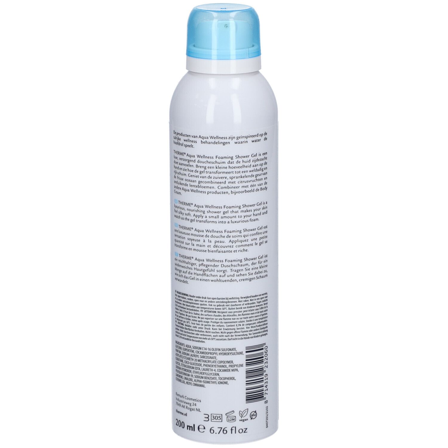 Weißes THERME Duschgel mit blauem Deckel. Rückseite mit Text. 200 ml. Flasche steht.