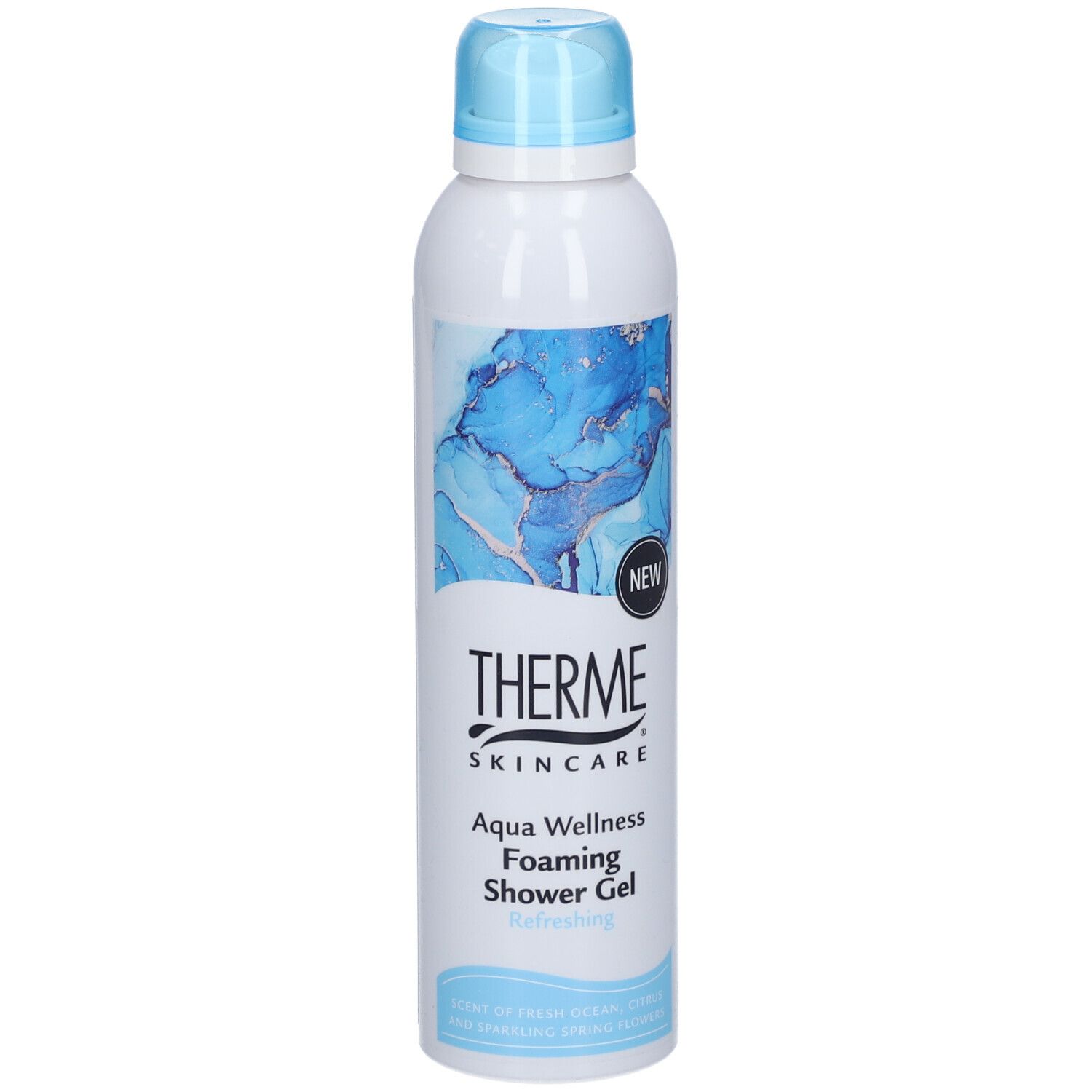 Weißes THERME Duschgel mit blauem Deckel. Aufschrift: Aqua Wellness Foaming Shower Gel. "NEW"-Label.