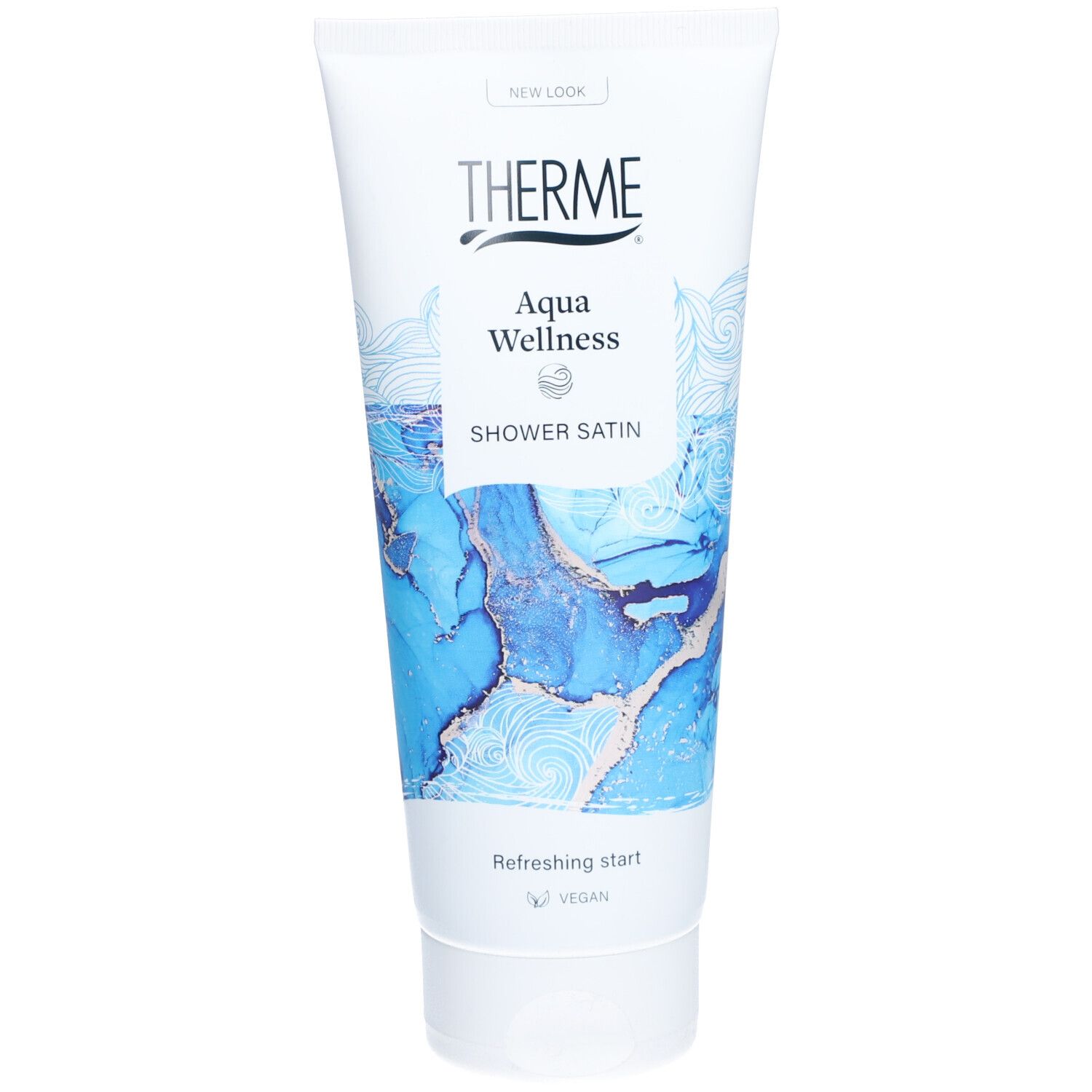 THERME Aqua Wellness Duschsatin tube. Wit, met blauw golfpatroon en productnaam. Vegan.