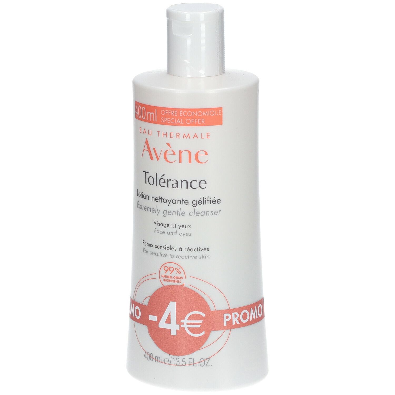 Witte fles met rode en witte belettering. Opschrift: Avène Tolérance, Lotion nettoyante gélifiée. Promo -4€.