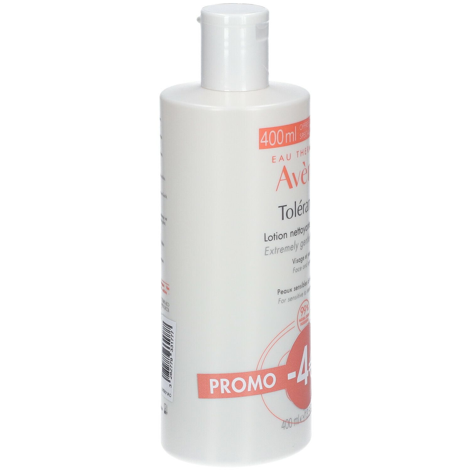 Witte fles met rode en witte belettering. Opschrift: Avène Tolérance, Lotion nettoyante gélifiée. Promo -4€.