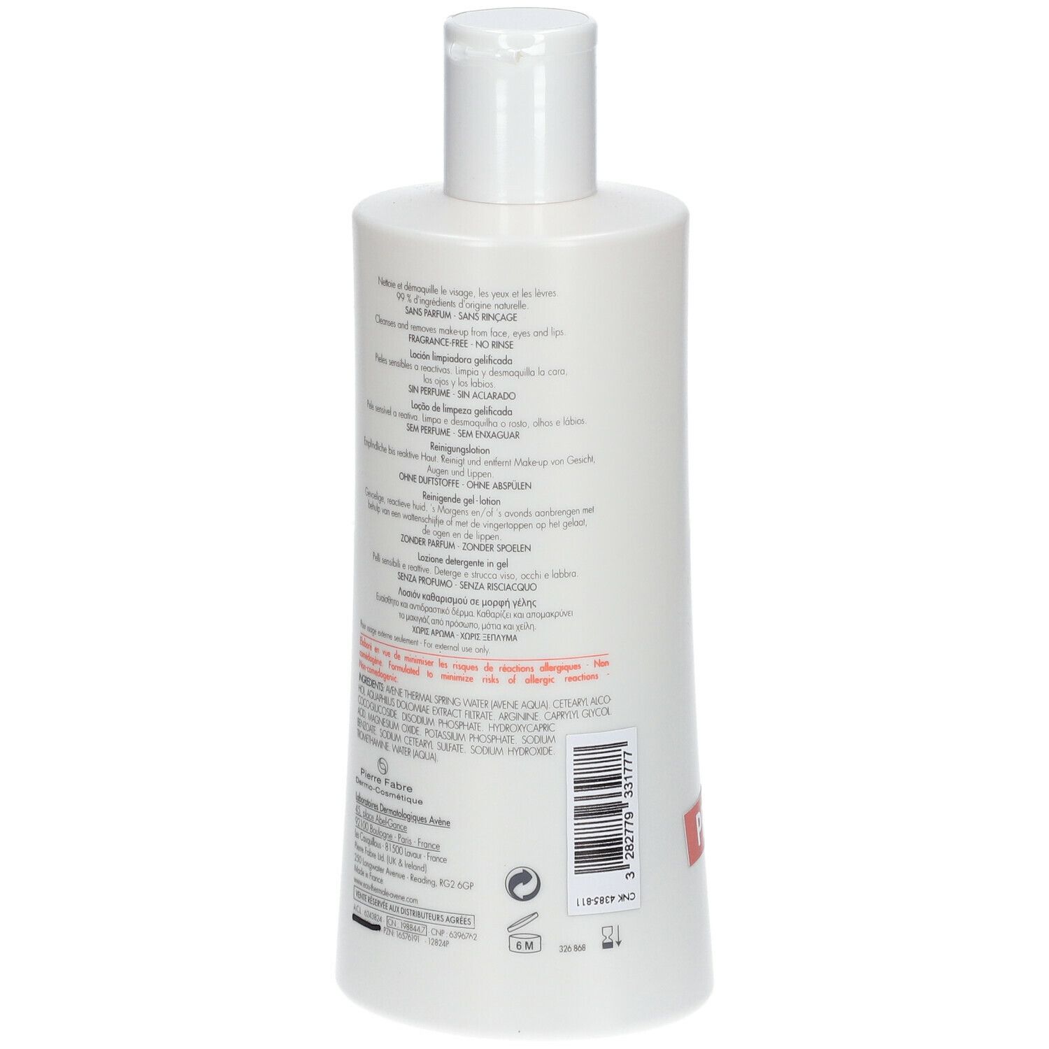 Witte fles met tekst. Achterkant met productinformatie en barcode. Opschrift: Avène Tolérance.