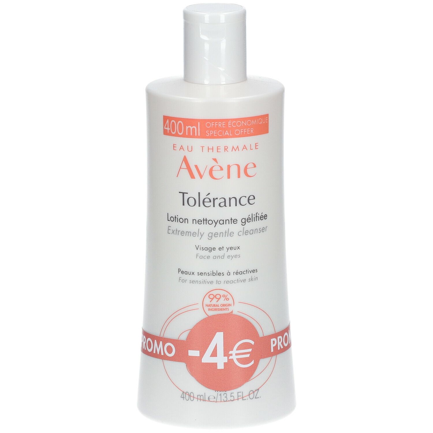 Witte fles met rode en witte belettering. Opschrift: Avène Tolérance, Lotion nettoyante gélifiée. Promo -4€.
