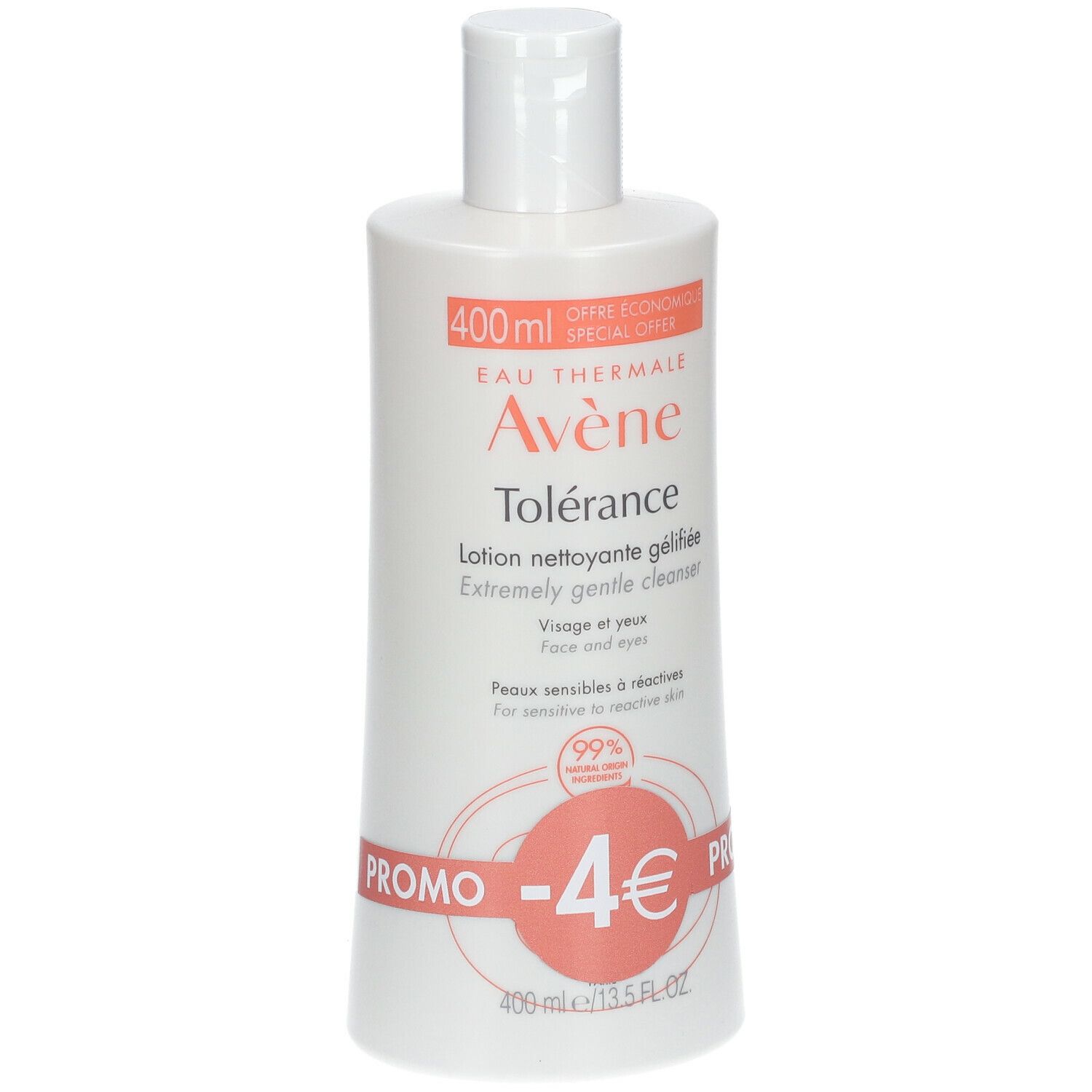 Witte fles met rode en witte belettering. Opschrift: Avène Tolérance, Lotion nettoyante gélifiée. Promo -4€.
