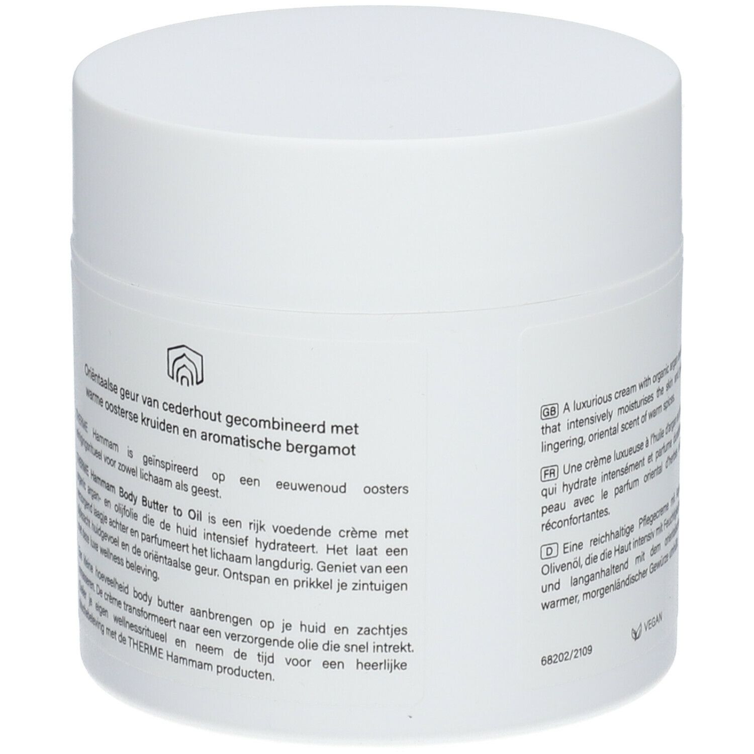 Witte pot met productbeschrijving. Tekst in het Engels, Frans, Duits en Nederlands. Logo.