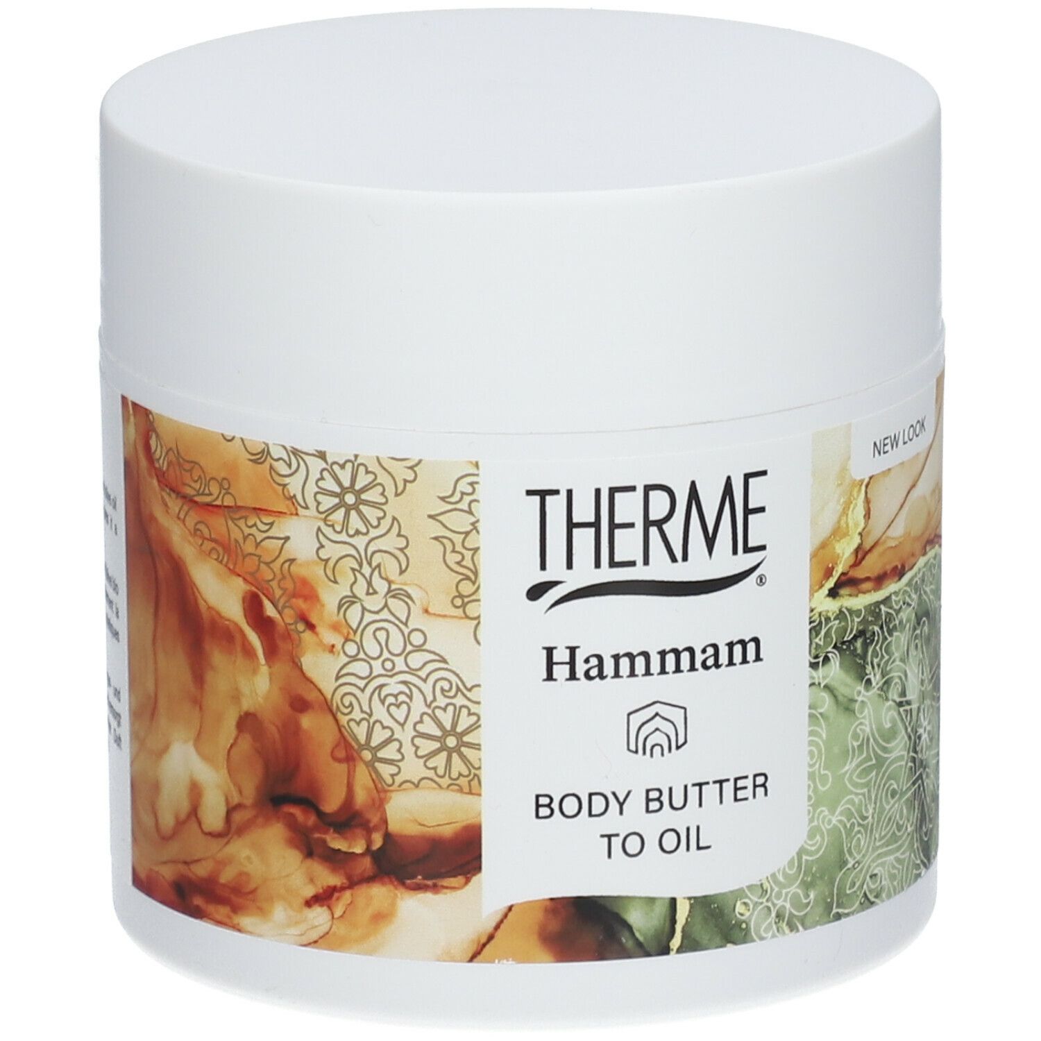 Witte pot THERME Hammam Body Butter to Oil. Etiket met productnaam en bloemmotief. "NEW LOOK".