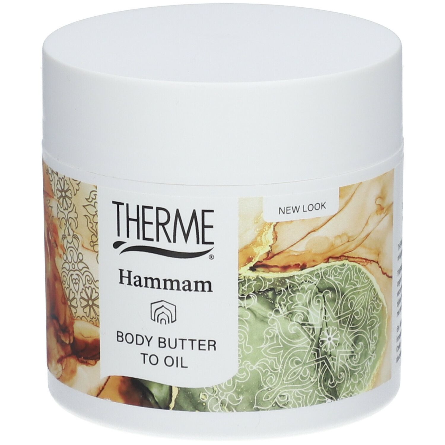 Witte pot THERME Hammam Body Butter to Oil. Etiket met productnaam en bloemmotief. "NEW LOOK".
