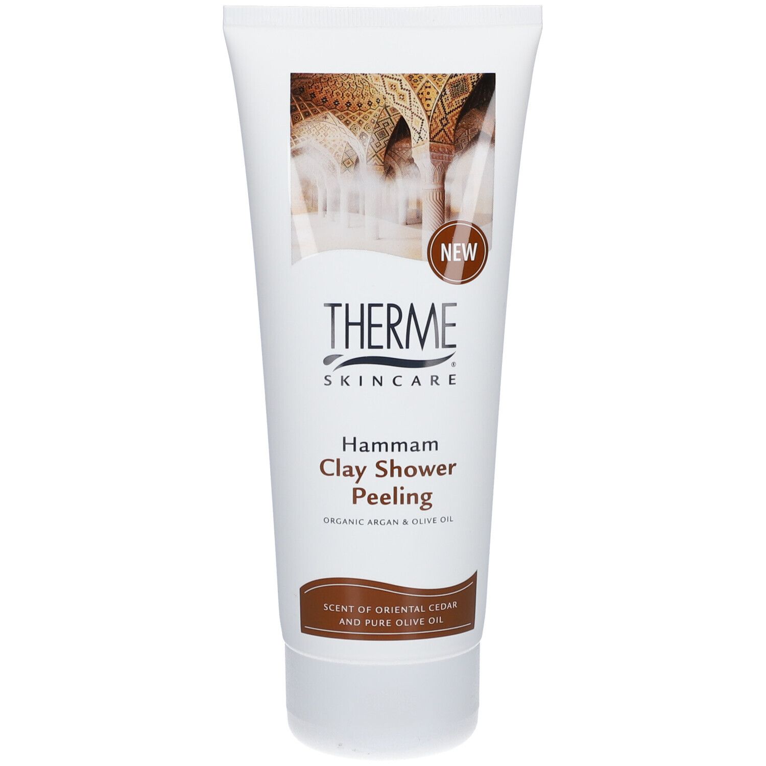 Weiße Tube mit THERME Skincare Hammam Duschpeeling. Braune Schrift und Bild. "NEW" Aufkleber. Text: "Clay Shower Peeling".