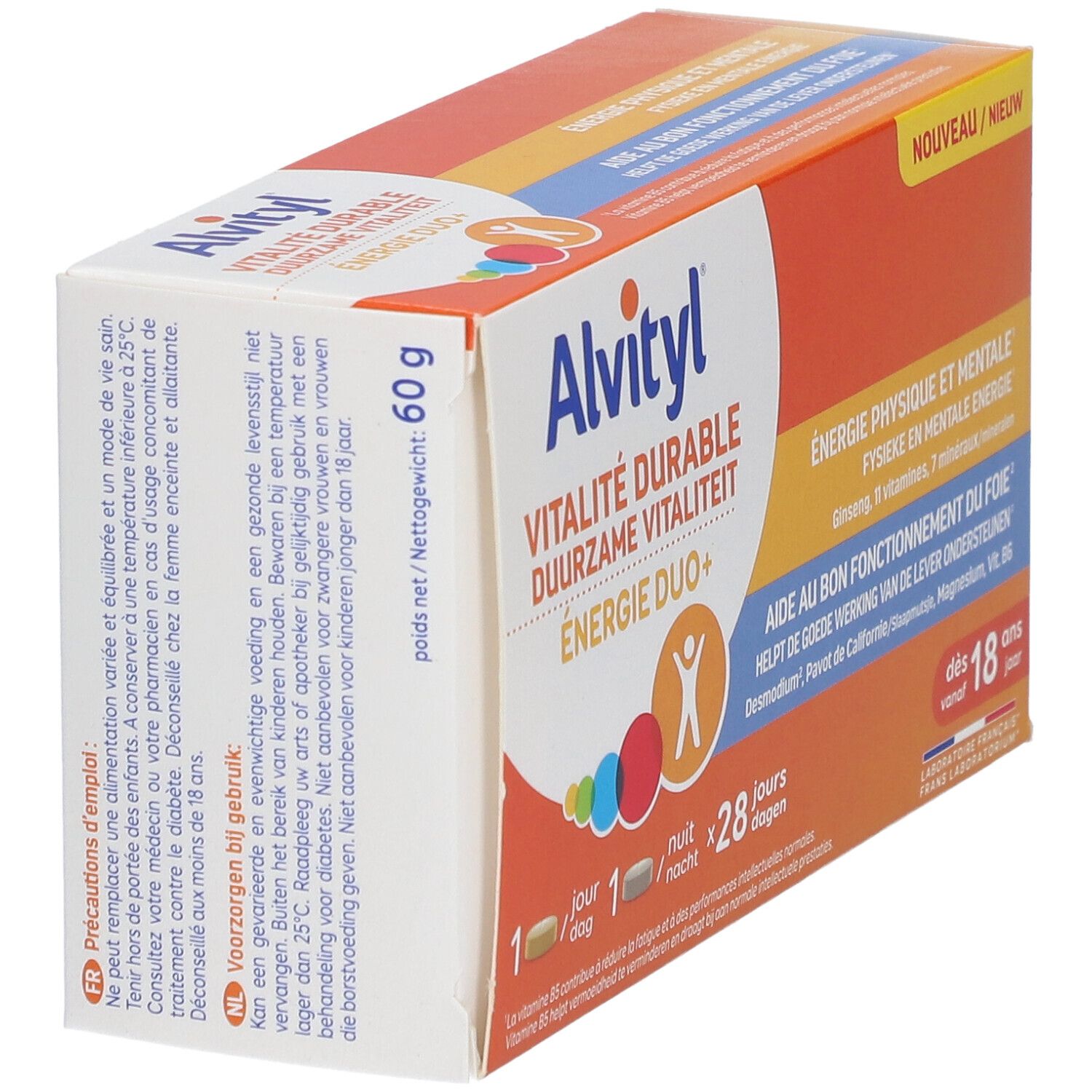 Verpakking Alvityl Vitalité Durable. Oranje en wit, met productnaam, Energie Duo+ en informatie. 60g, 28 doses.