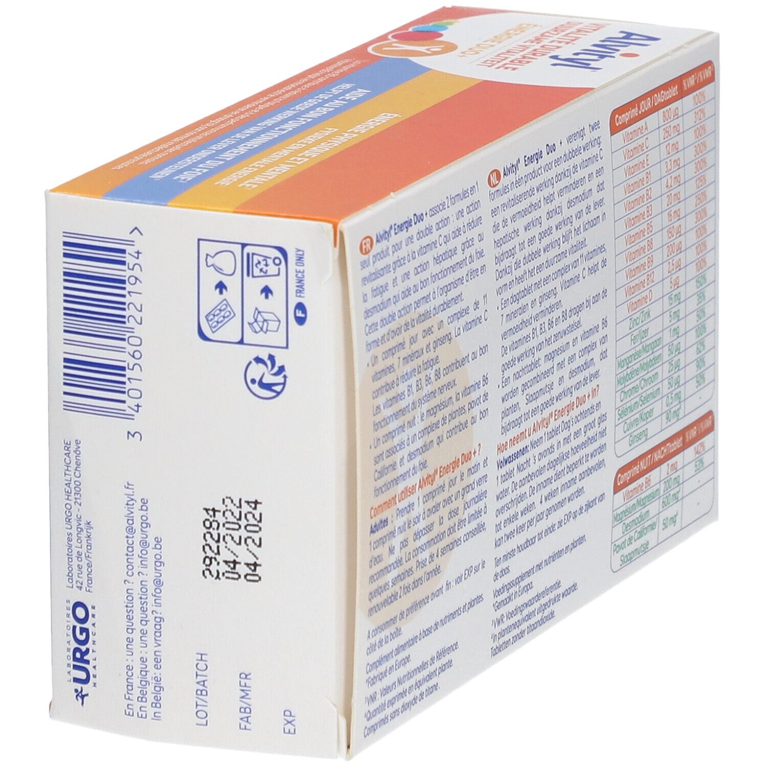 Achterkant van de Alvityl Vitalité Durable verpakking. Bevat productinformatie, lotnummer en vervaldatum. Urgo logo.