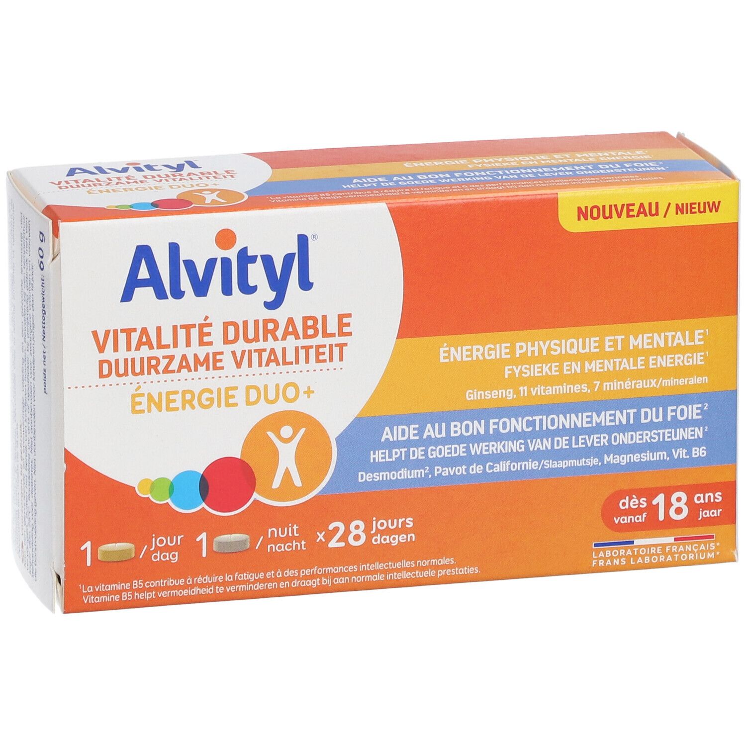 Verpakking Alvityl Vitalité Durable. Oranje en wit, met productnaam, Energie Duo+ en informatie. 28 doses.