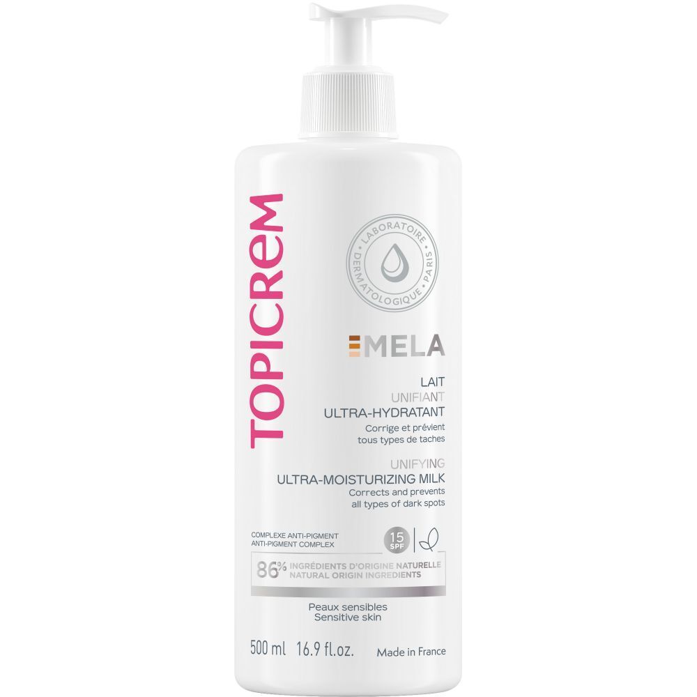 Flacon blanc avec pompe. Inscription TOPICREM, MELA, Lait Ultra-Hydratant SPF 15. Testé dermatologiquement.