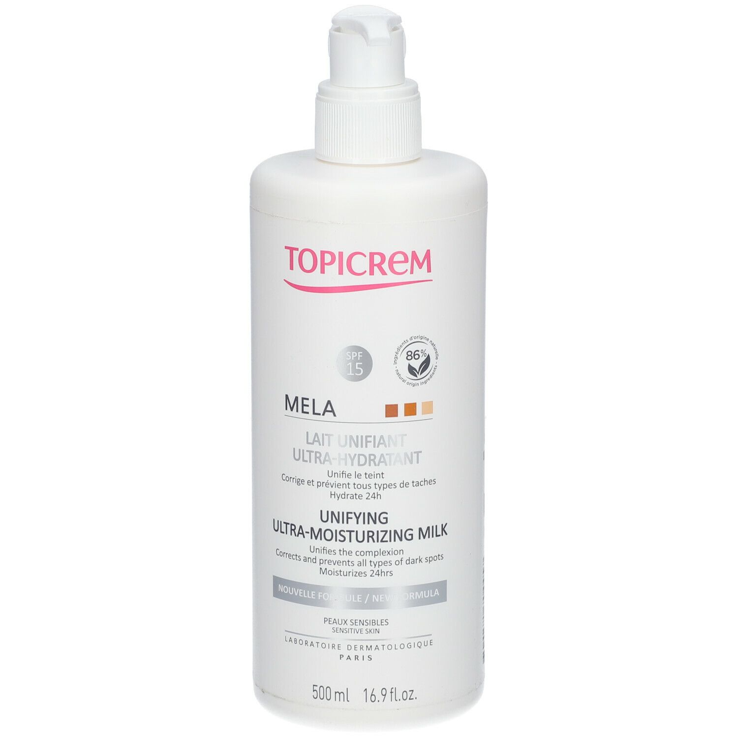 Flacon blanc avec pompe. Inscription TOPICREM, MELA, Lait Ultra-Hydratant. SPF 15, 86% ingrédients naturels.