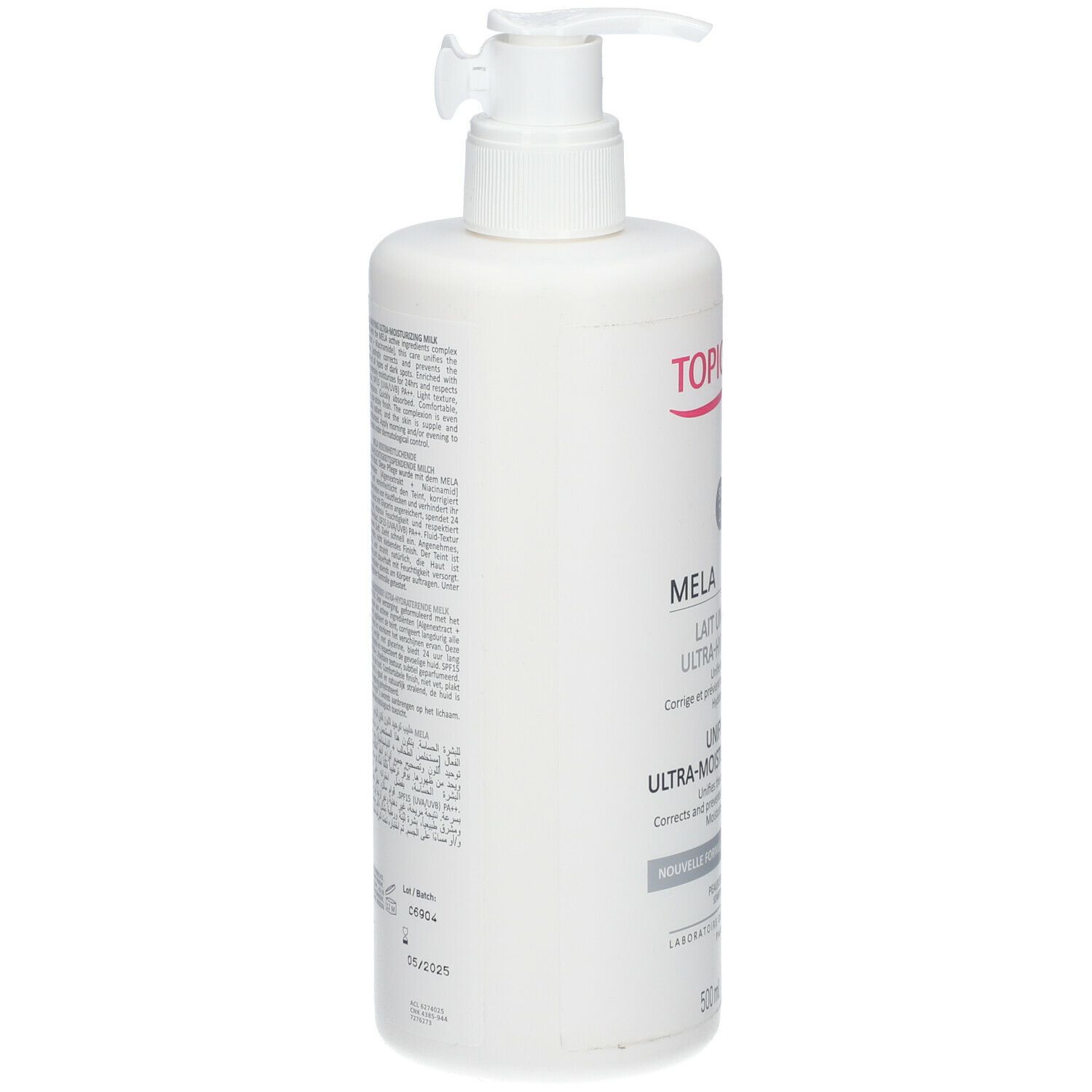 Flacon blanc avec pompe. Texte au dos. Inscription TOPICREM, MELA, Lait Ultra-Hydratant. Testé dermatologiquement.