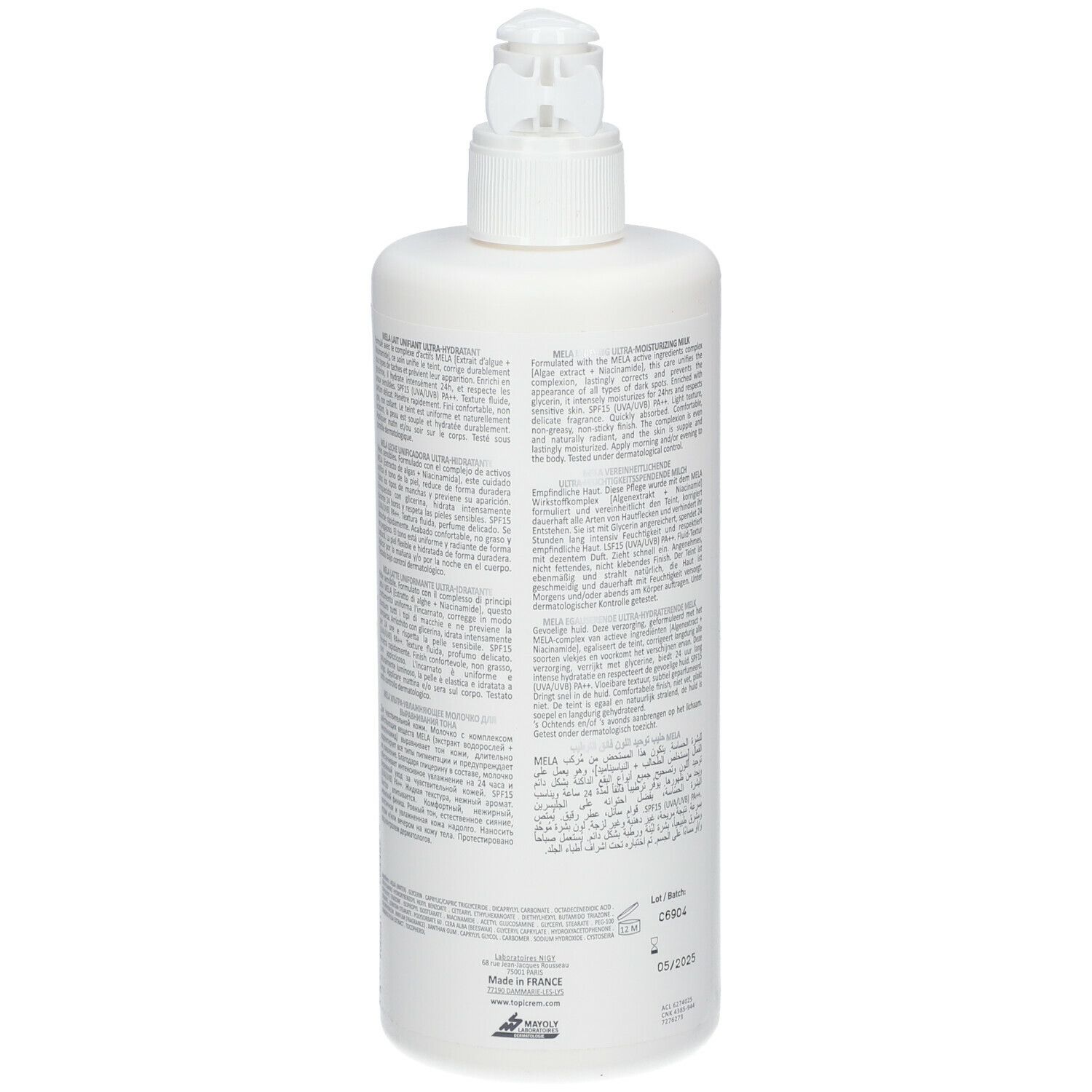 Flacon blanc avec pompe. Texte au dos. Inscription TOPICREM, MELA, Lait Ultra-Hydratant. Testé dermatologiquement.