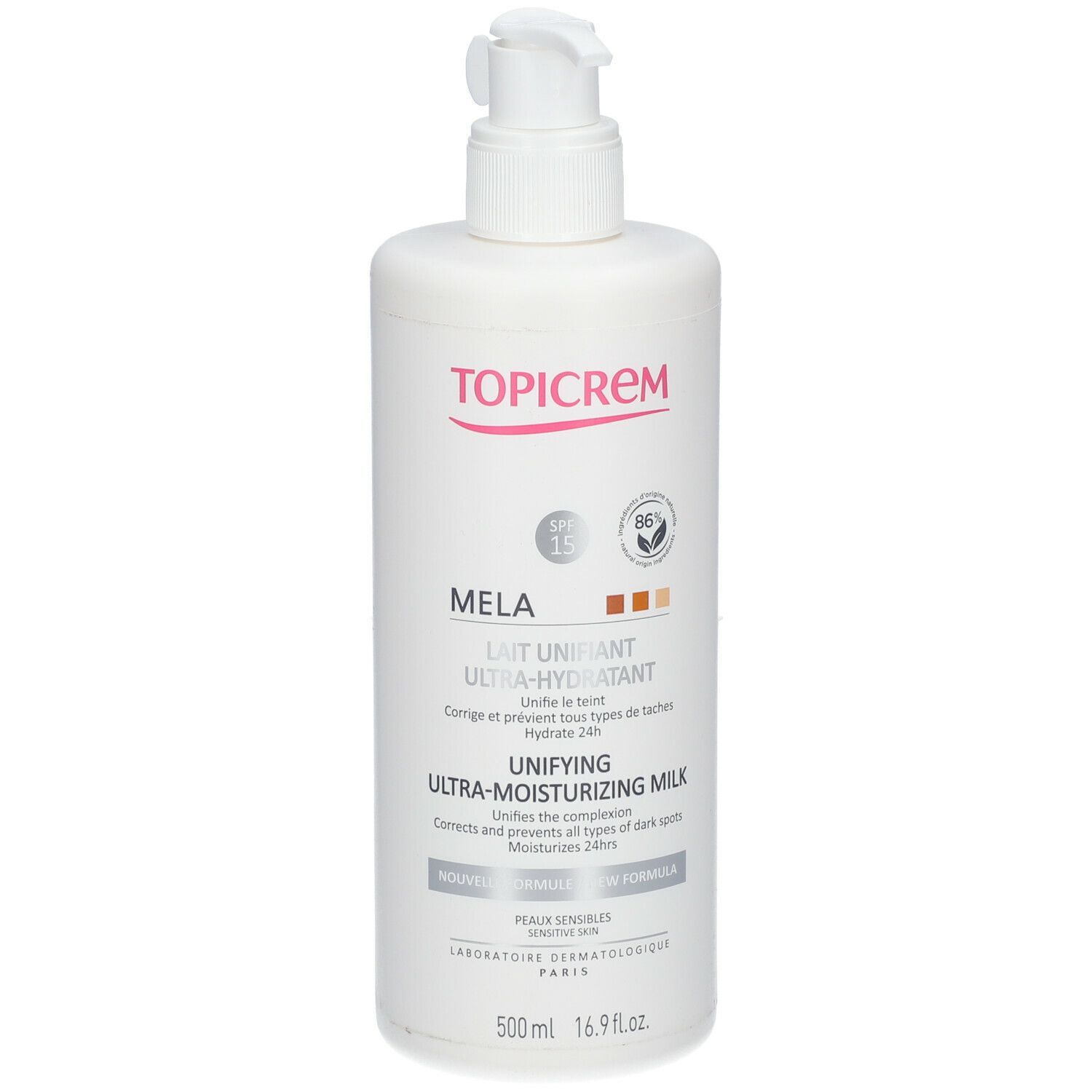 Flacon blanc avec pompe. Inscription TOPICREM, MELA, Lait Ultra-Hydratant. SPF 15, 86% ingrédients naturels.