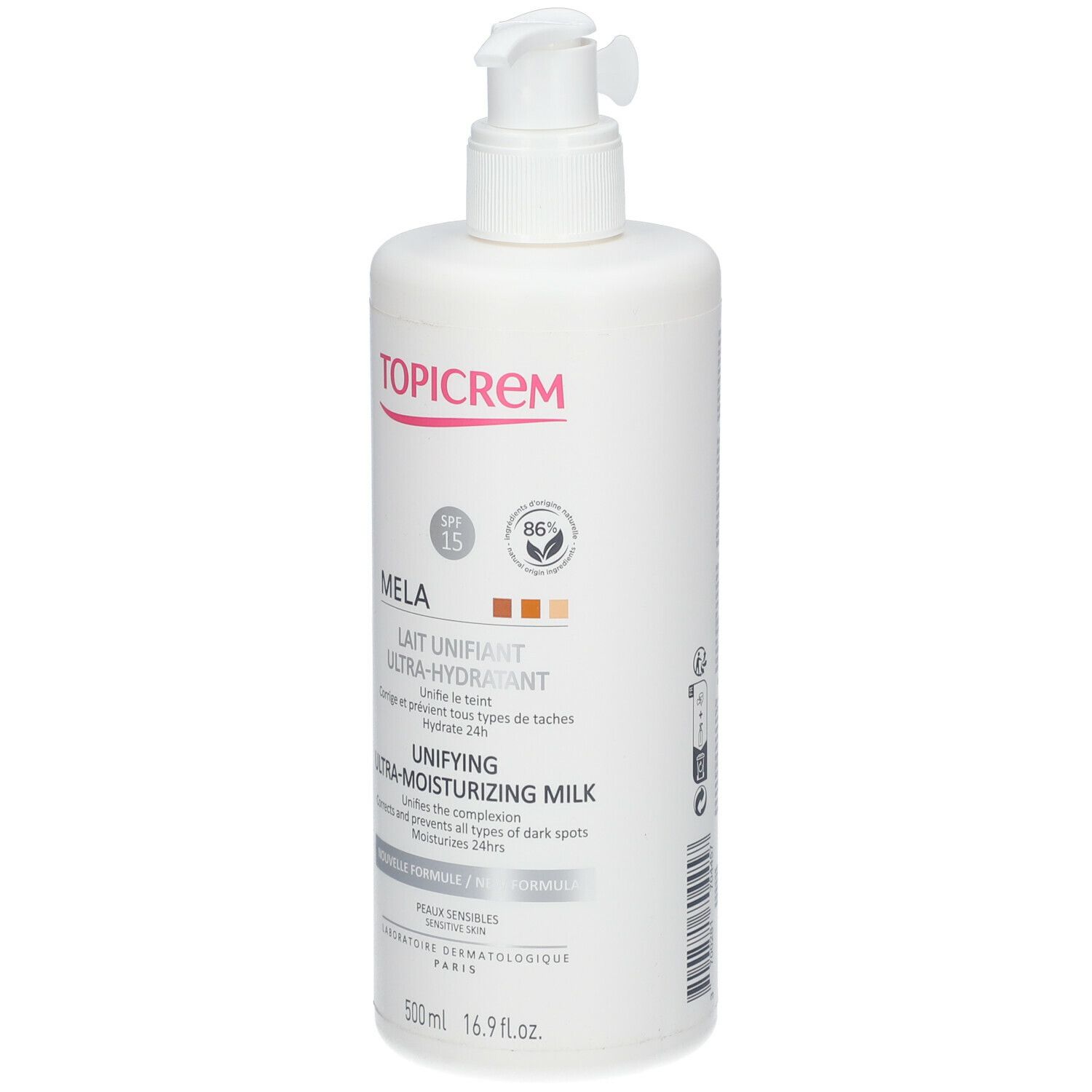 Flacon blanc avec pompe. Inscription TOPICREM, MELA, Lait Ultra-Hydratant. SPF 15, 86% ingrédients naturels.