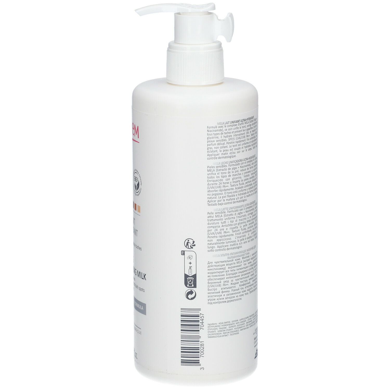 Flacon blanc avec pompe. Texte au dos. Inscription TOPICREM, MELA, Lait Ultra-Hydratant. Testé dermatologiquement.
