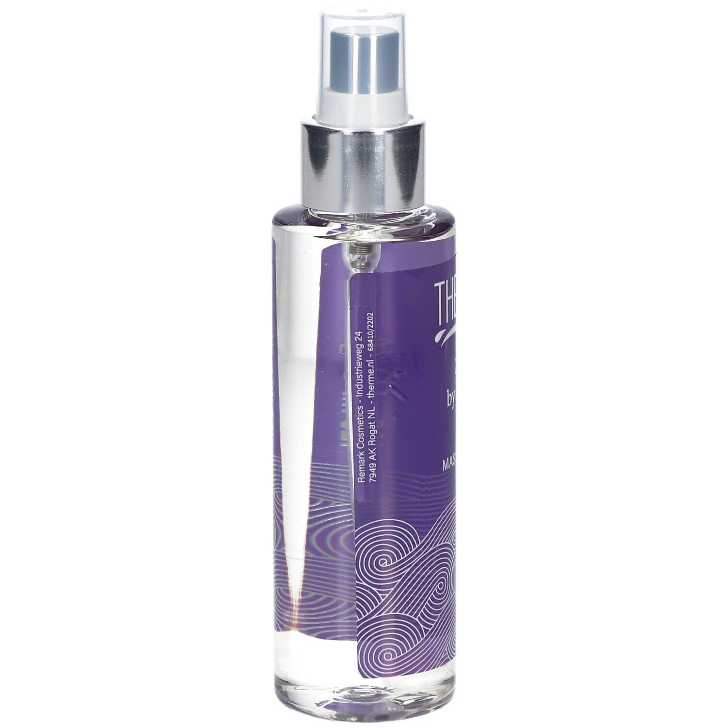 Flasche mit Massageöl. Lila Etikett mit Wellenmuster und Schriftzug. Sprühkopf. Transparente Flüssigkeit sichtbar.