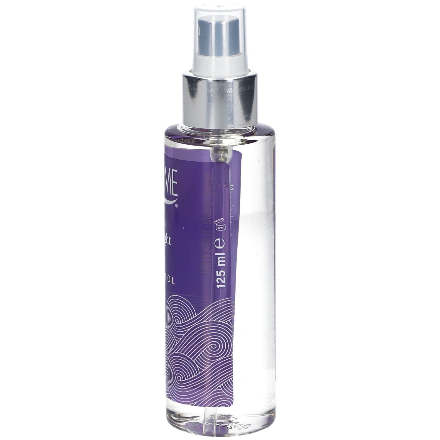 Flasche mit Massageöl. Lila Etikett mit Schriftzug THERME Zen by Night und 125 ml. Sprühkopf. Transparente Flüssigkeit.