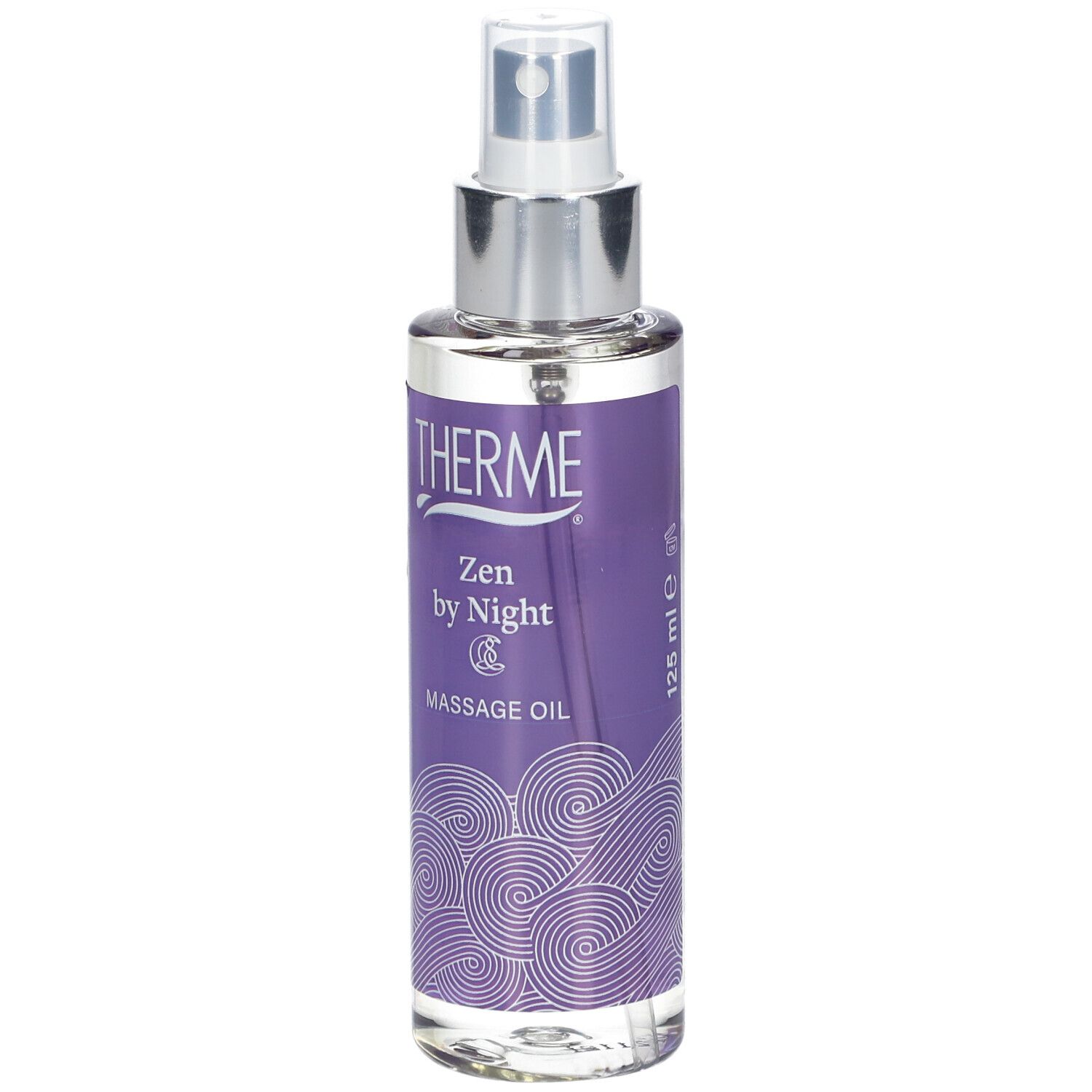 Flasche mit Massageöl. Lila Etikett mit Schriftzug THERME Zen by Night und 125 ml. Sprühkopf. Transparente Flüssigkeit.