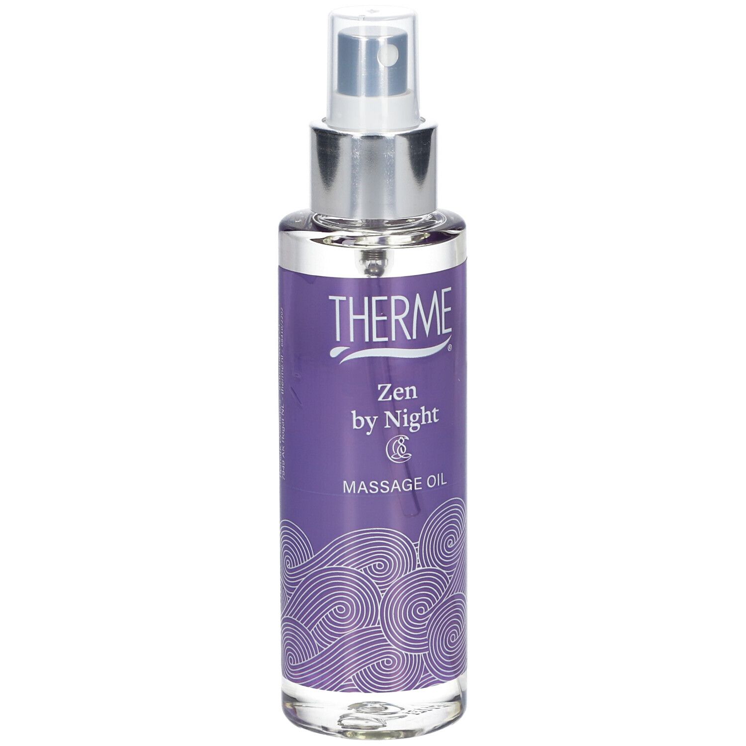 Flasche mit Massageöl. Lila Etikett mit Schriftzug THERME Zen by Night und 125 ml. Sprühkopf. Transparente Flüssigkeit.