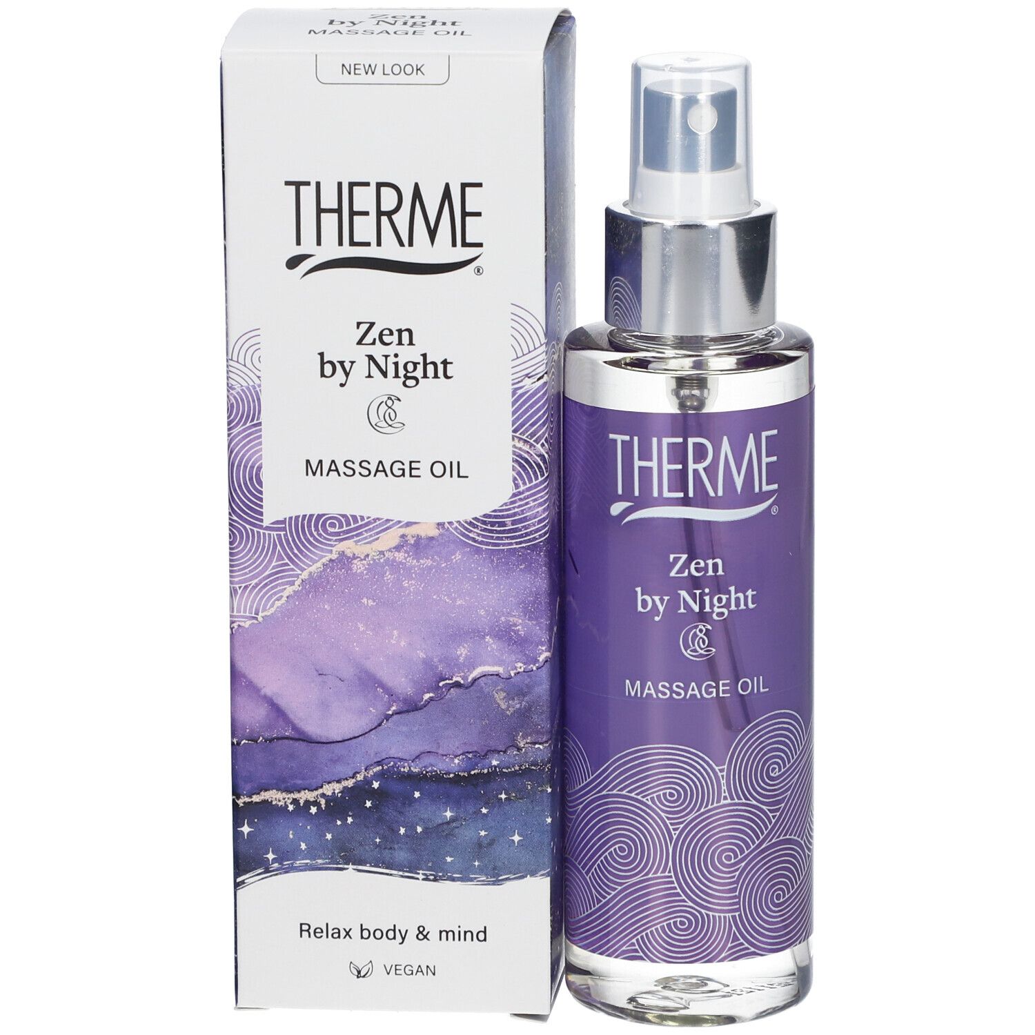 Massageöl-Flasche und Verpackung. Flasche mit lila Etikett und Schriftzug THERME Zen by Night. Karton mit Text und Grafik.