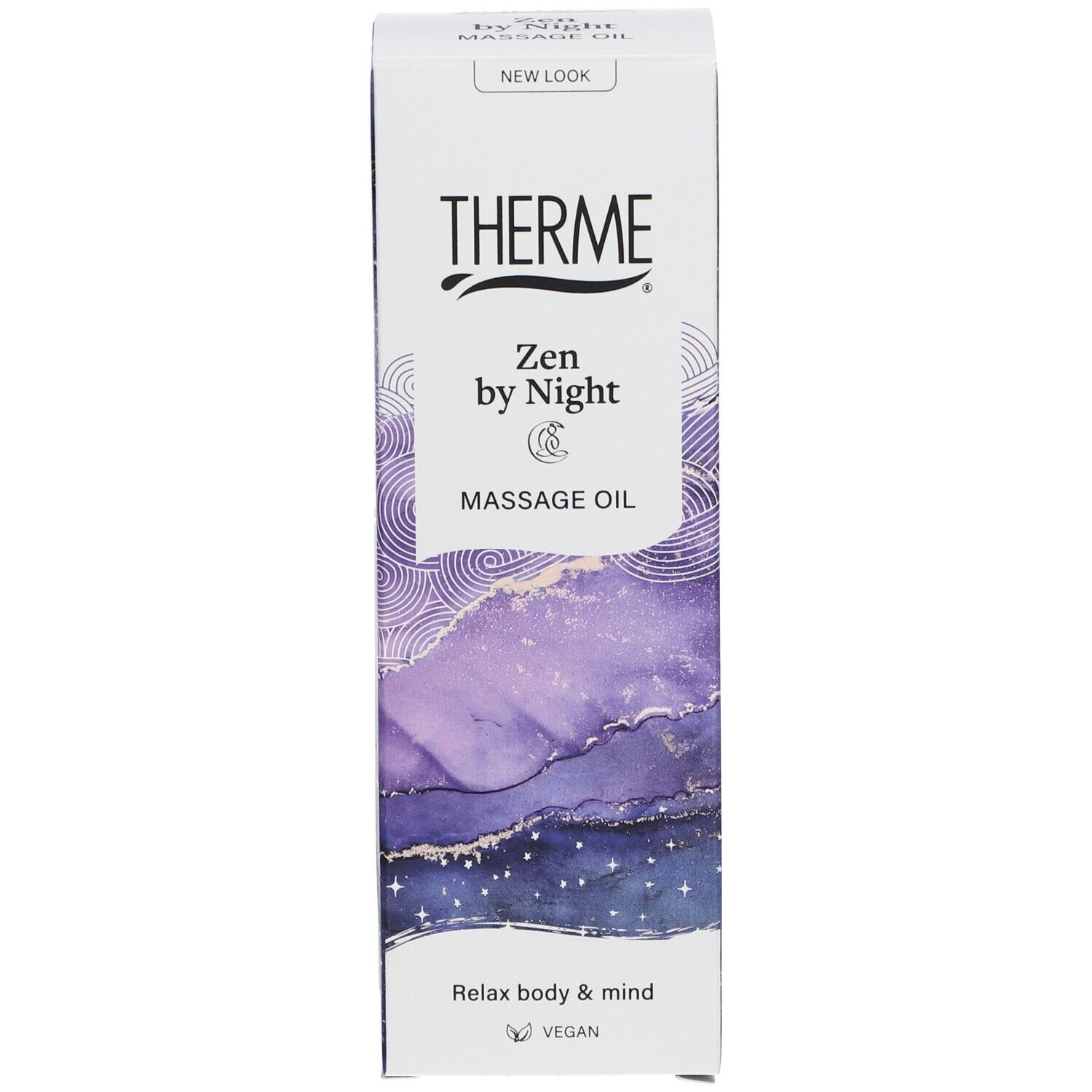 Verpackung für Massageöl. Weißer Karton mit lila Grafik und Schriftzug THERME Zen by Night. Text: Relax body & mind.