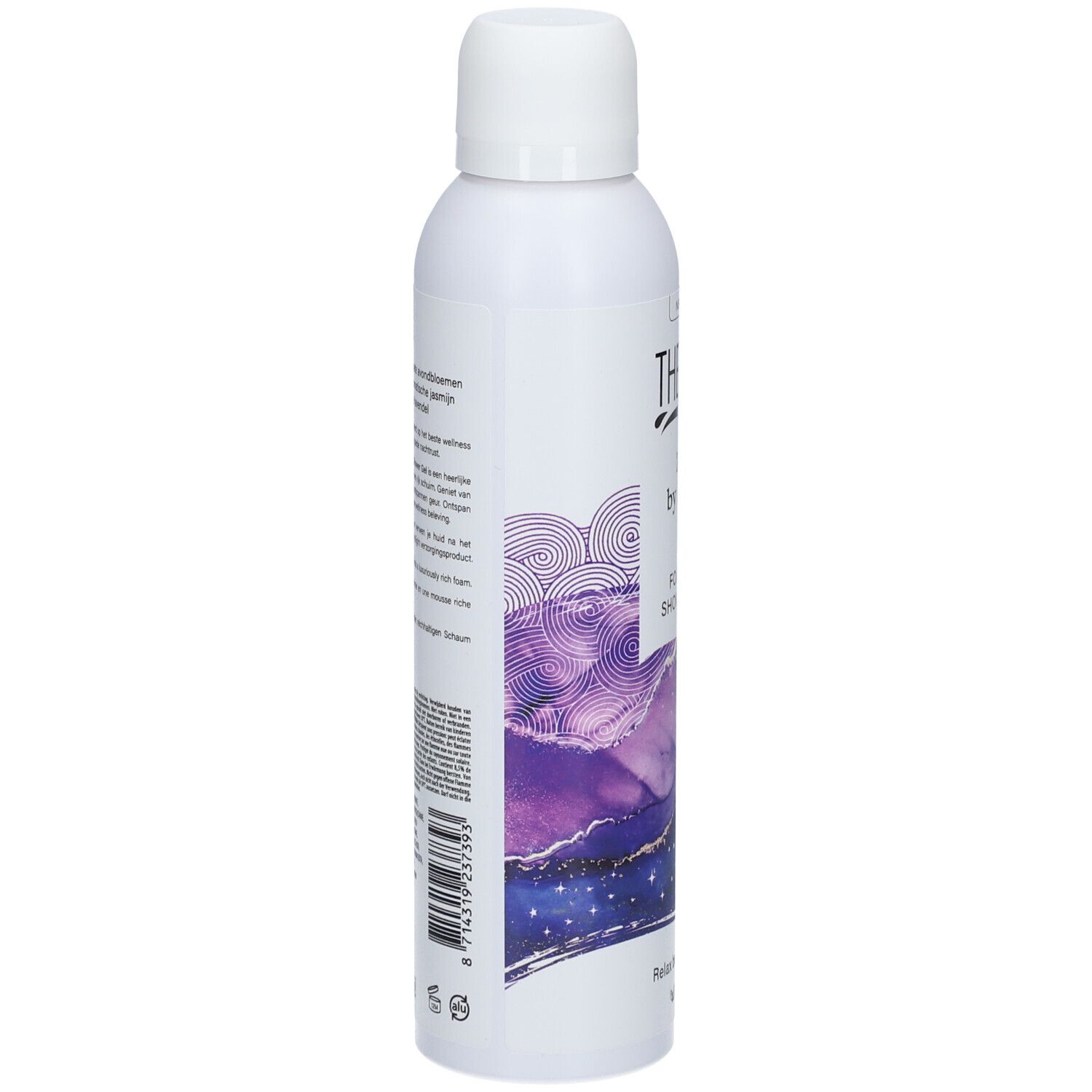 Weiße Flasche, Rückseite. Text in mehreren Sprachen. Lila-blauer Hintergrund. Barcode und Recycling-Symbole.