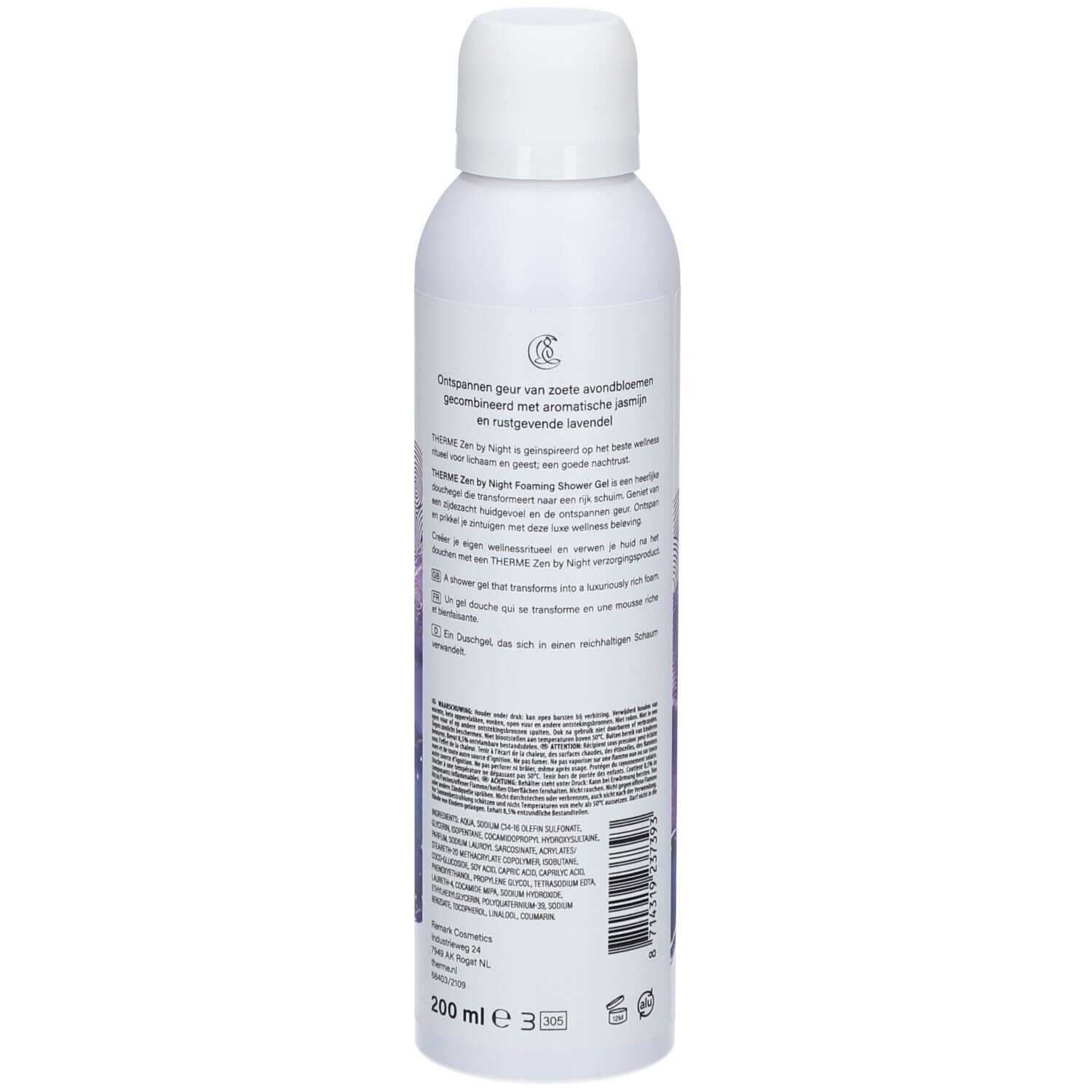 Rückseite der weißen Flasche. Text in mehreren Sprachen. Lila-blauer Hintergrund. Volumen: 200 ml.