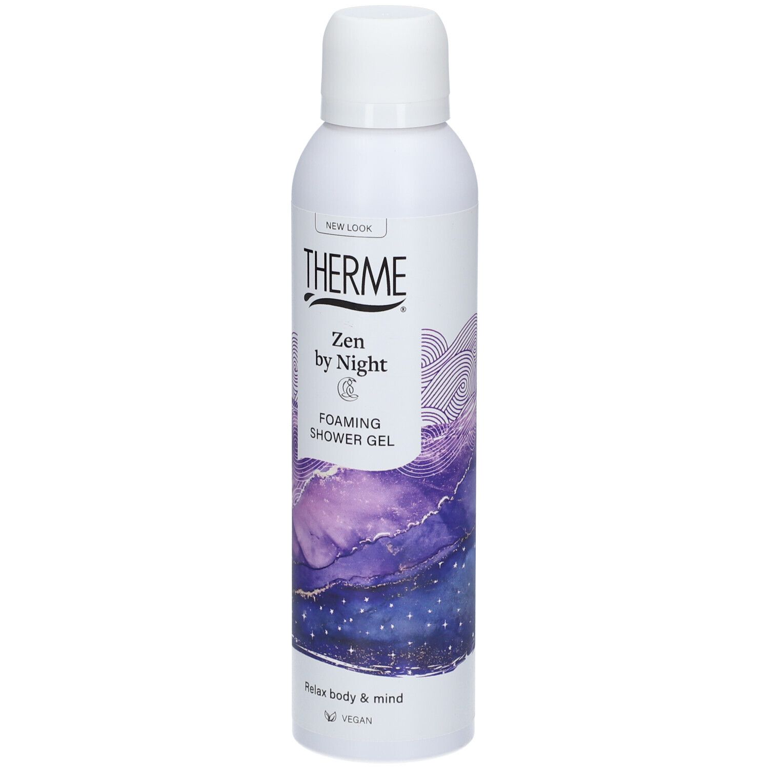 Weiße Flasche mit THERME Zen by Night. Lila-blauer Hintergrund. Vegan-Logo. "Foaming Shower Gel".