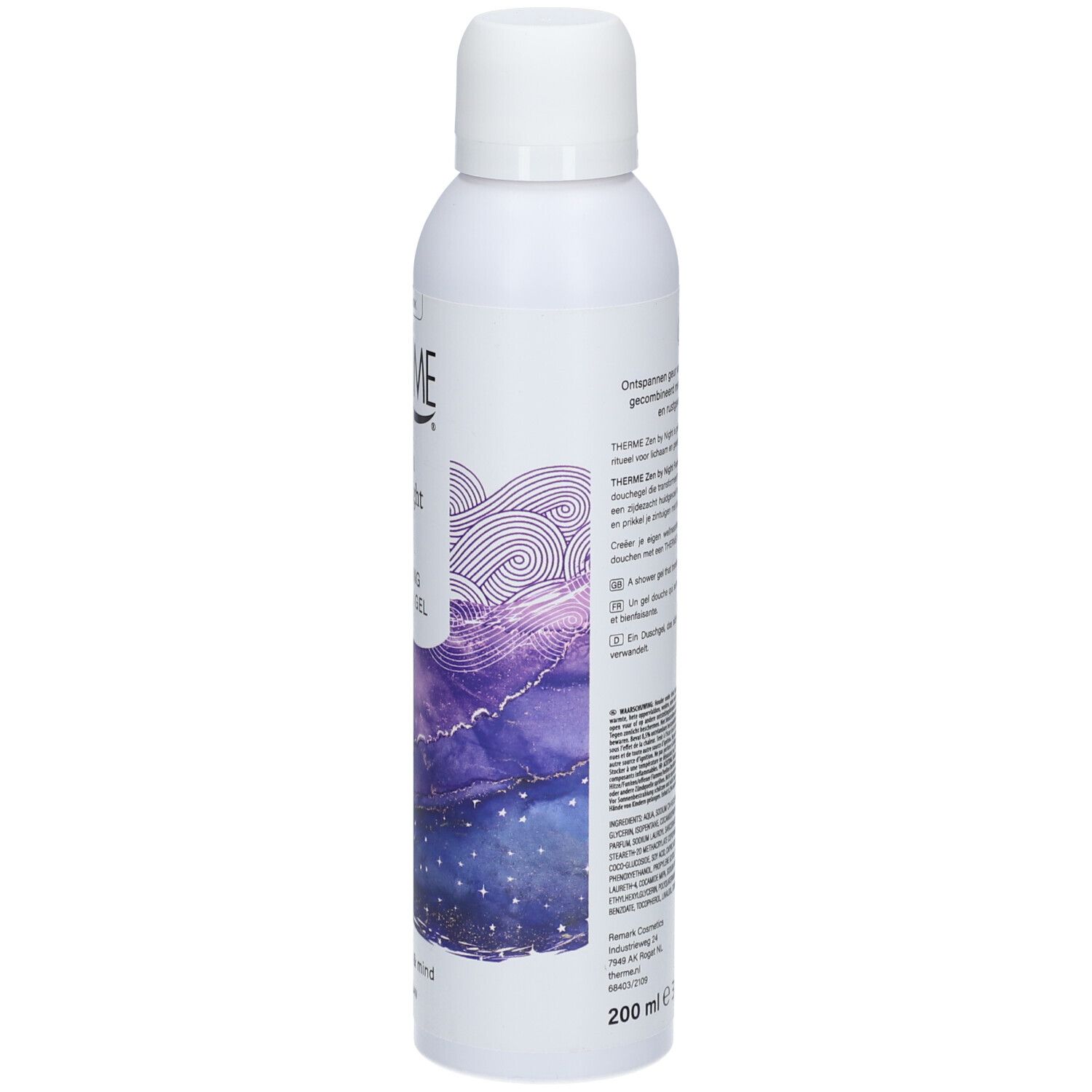 Rückseite der weißen Flasche. Text in mehreren Sprachen. Lila-blauer Hintergrund. Volumen: 200 ml.