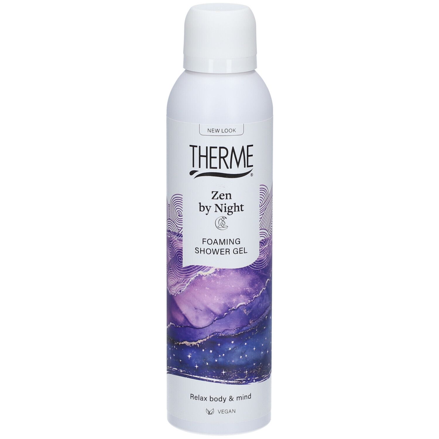 Weiße Flasche mit THERME Zen by Night. Lila-blauer Hintergrund. Vegan-Logo. "Foaming Shower Gel".