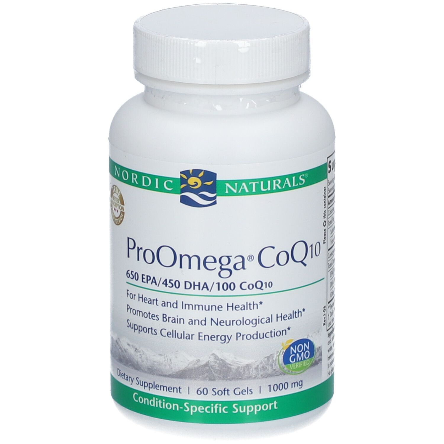 Weiße Flasche mit Kapseln. Aufschrift: ProOmega CoQ10, 650 EPA/450 DHA/100 CoQ10. Marke: NORDIC NATURALS.
