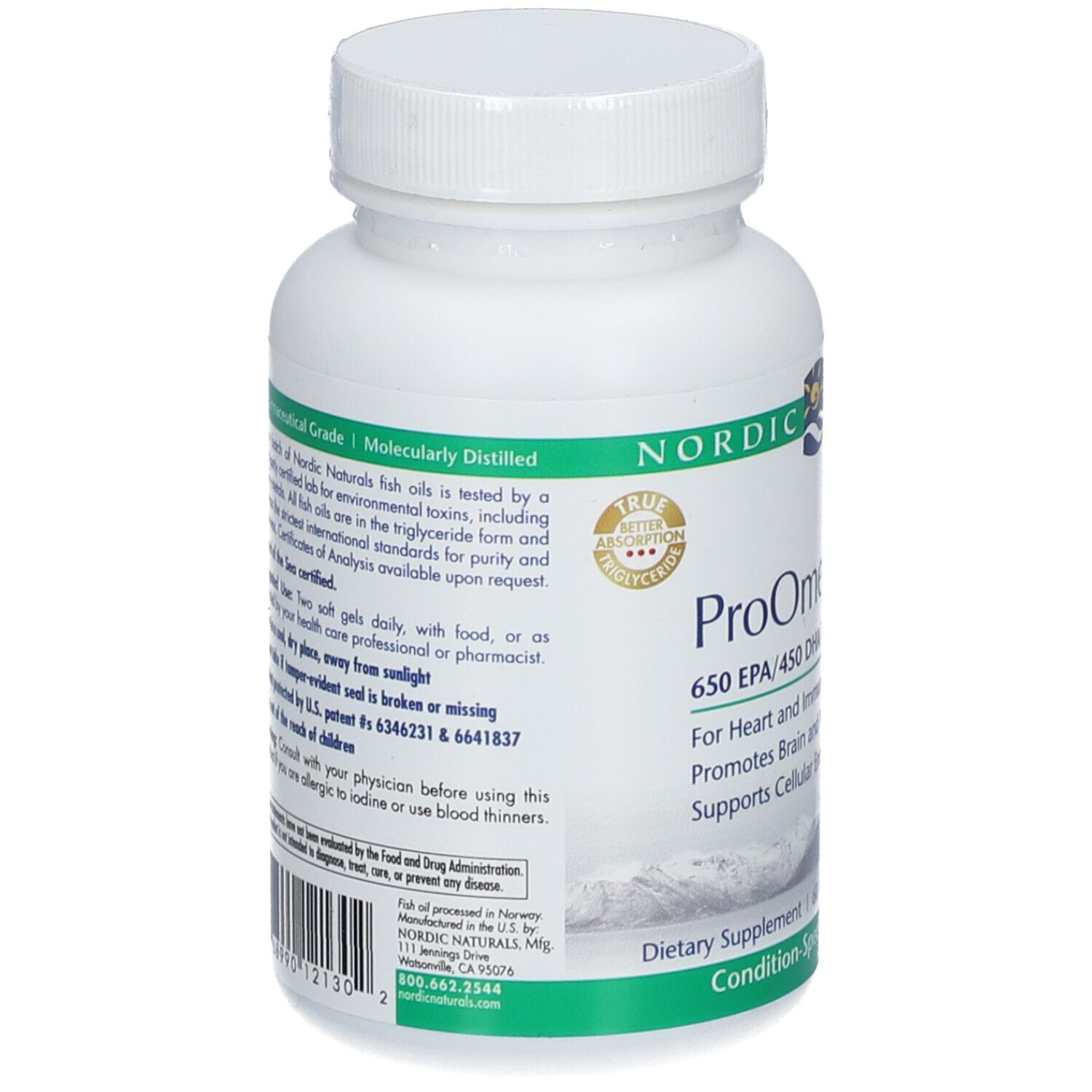 Rückseite der weißen Flasche. Text: NORDIC NATURALS, ProOmega, 650 EPA/450 DHA. Zertifizierung: Friend of the Sea.