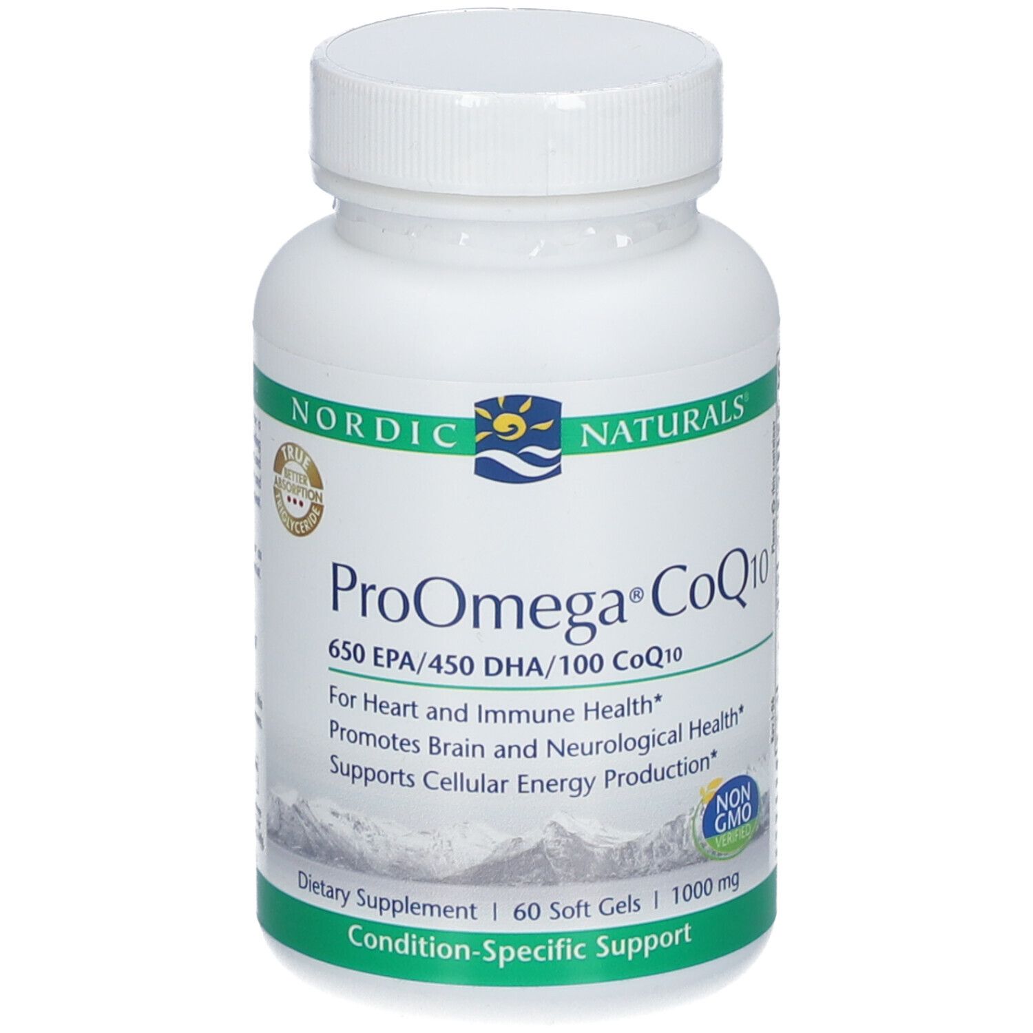 Weiße Flasche mit Kapseln. Aufschrift: ProOmega CoQ10, 650 EPA/450 DHA/100 CoQ10. Marke: NORDIC NATURALS.