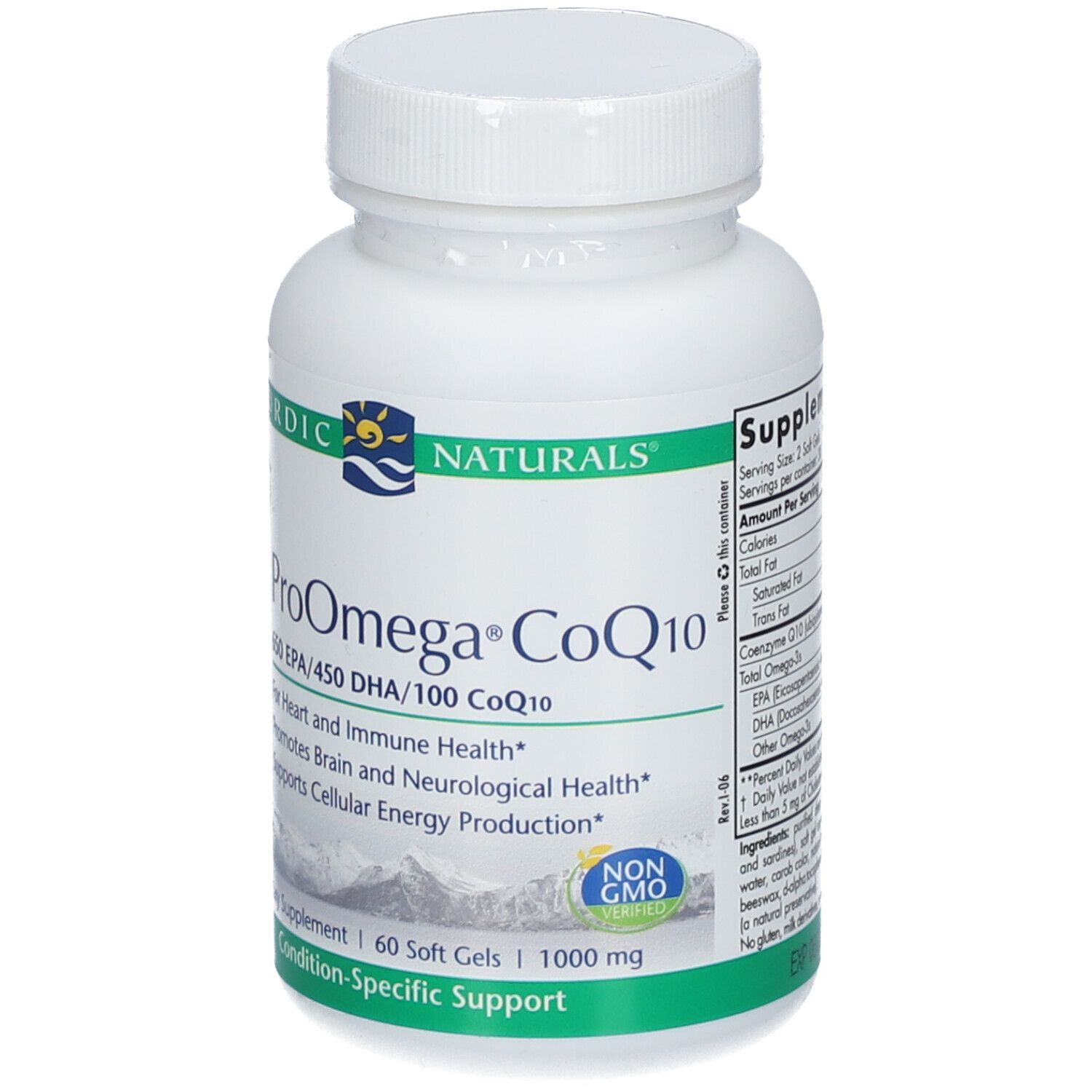 Weiße Flasche mit Kapseln. Aufschrift: ProOmega CoQ10, 650 EPA/450 DHA/100 CoQ10. Marke: NORDIC NATURALS.
