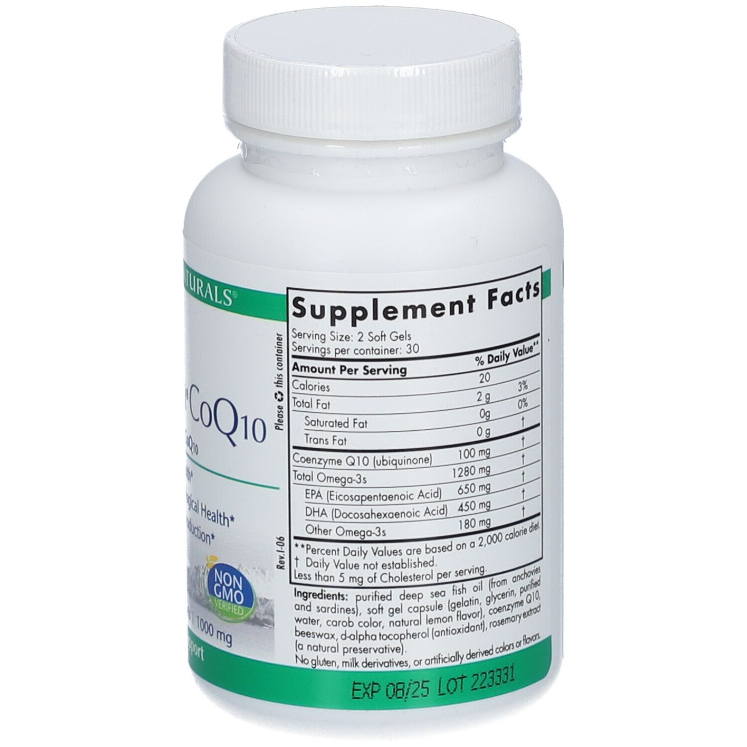 Rückseite der weißen Flasche. Nährwertangaben: Coenzym Q10, EPA, DHA. Marke: NORDIC NATURALS. Mindesthaltbarkeitsdatum.