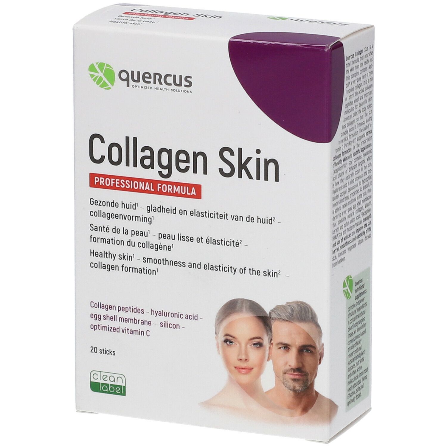 Quercus Collagen Skin verpakking. Witte doos met paarse accenten. Productnaam en logo. Afbeelding van man en vrouw.