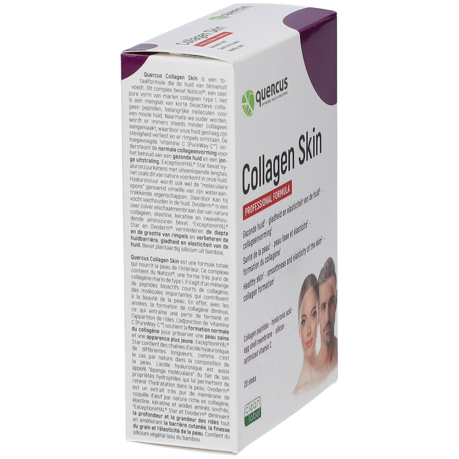 Quercus Collagen Skin verpakking, zijaanzicht. Witte doos met paarse accenten. Productnaam en logo. Meertalige tekst.