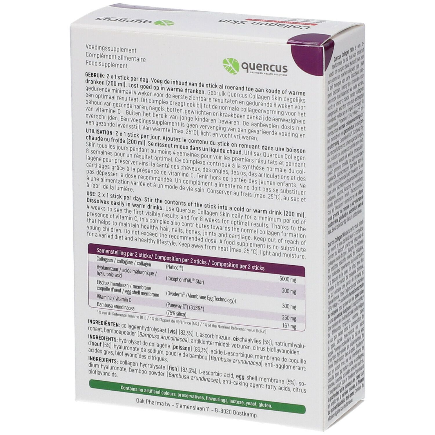Quercus Collagen Skin verpakking, achterkant. Witte doos met paarse accenten. Productinformatie en ingrediënten. Meertalige tekst.