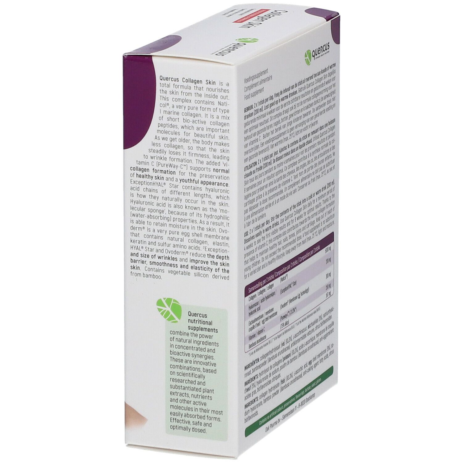 Quercus Collagen Skin verpakking, zijaanzicht. Witte doos met paarse accenten. Productinformatie en ingrediënten. Meertalige tekst.