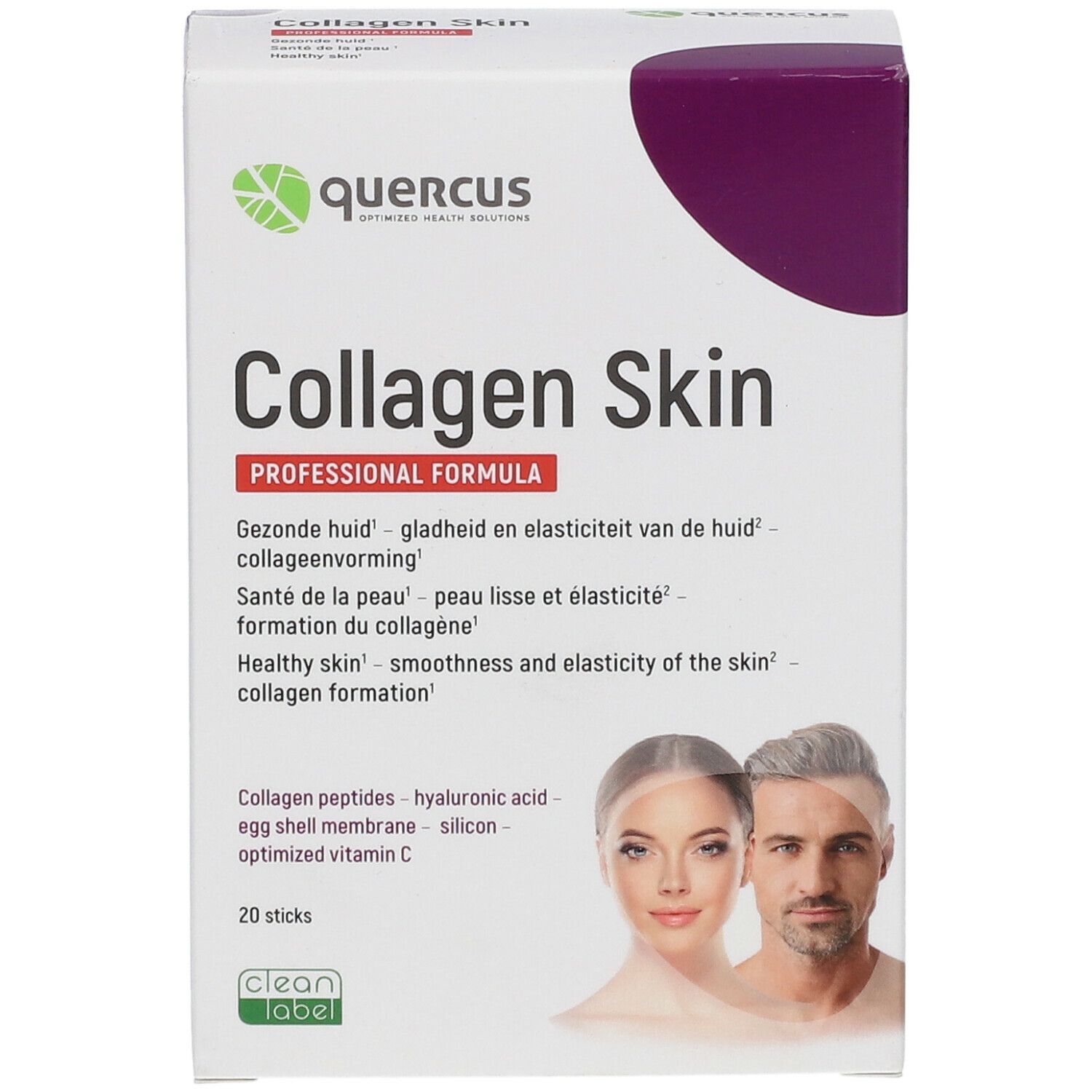 Quercus Collagen Skin verpakking. Witte doos met paarse accenten. Productnaam en logo. Afbeelding van man en vrouw.