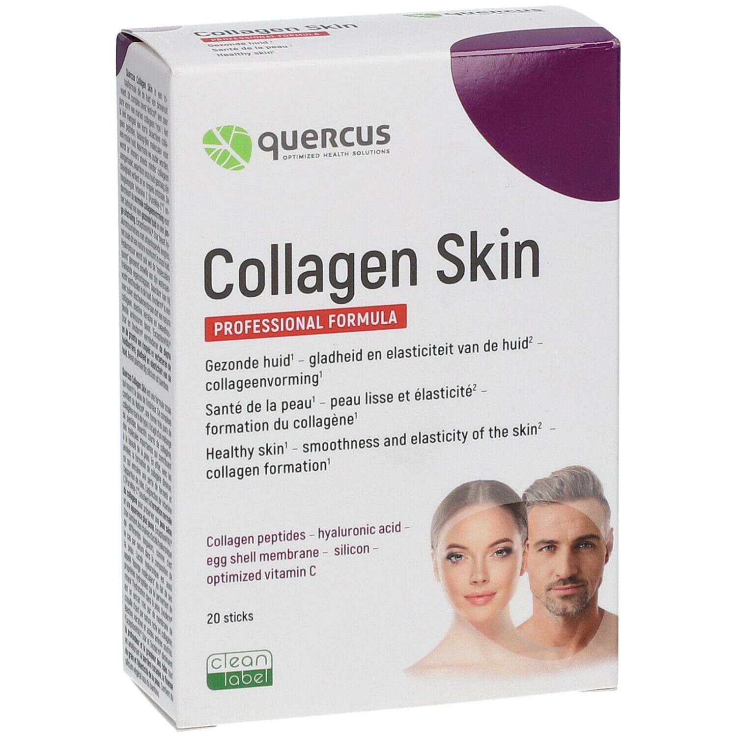 Quercus Collagen Skin verpakking. Witte doos met paarse accenten. Productnaam en logo. Afbeelding van man en vrouw.