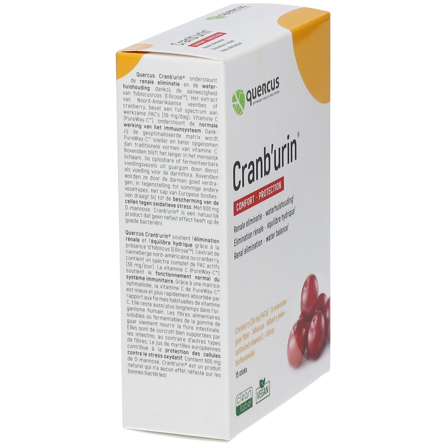 Doosje Cranb'urin van Quercus. Tekst in het Duits, Frans, Nederlands. Illustratie van cranberry's.
